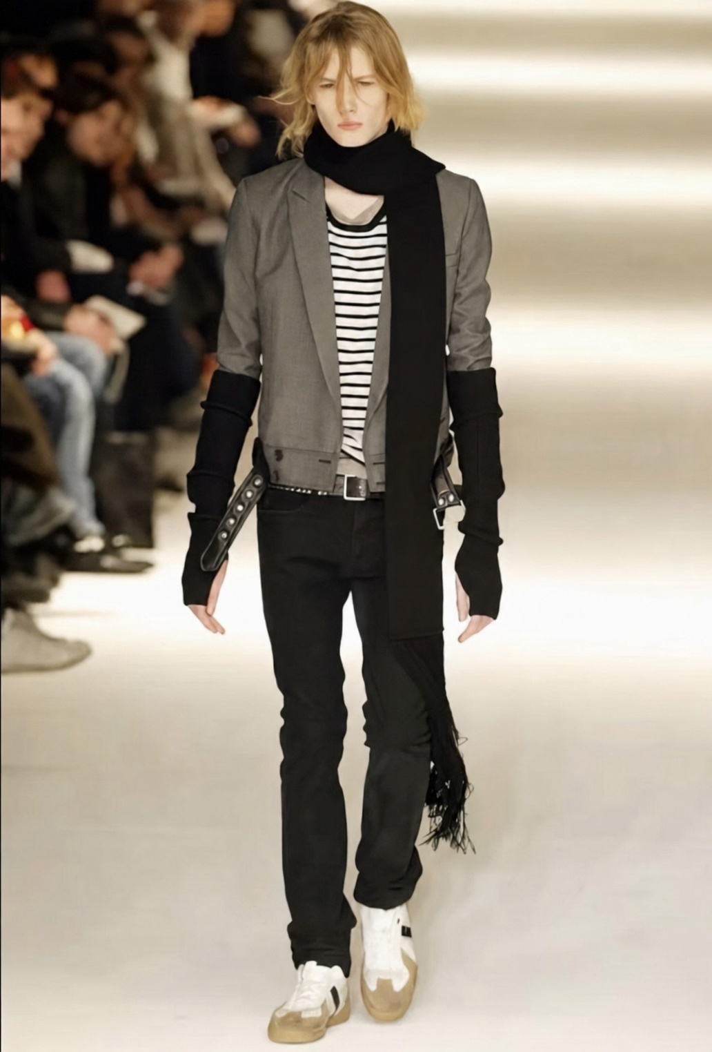 Hedi Slimane style references with skinny pants, narrow coats and indie menswear energy