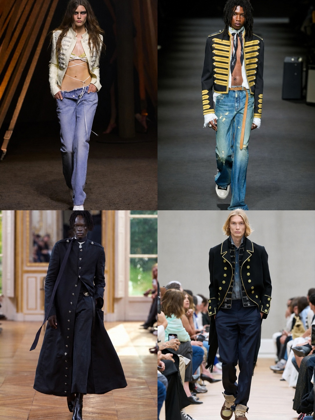 Indie sleaze outfit references with vintage jackets, thin silhouettes and undone styling