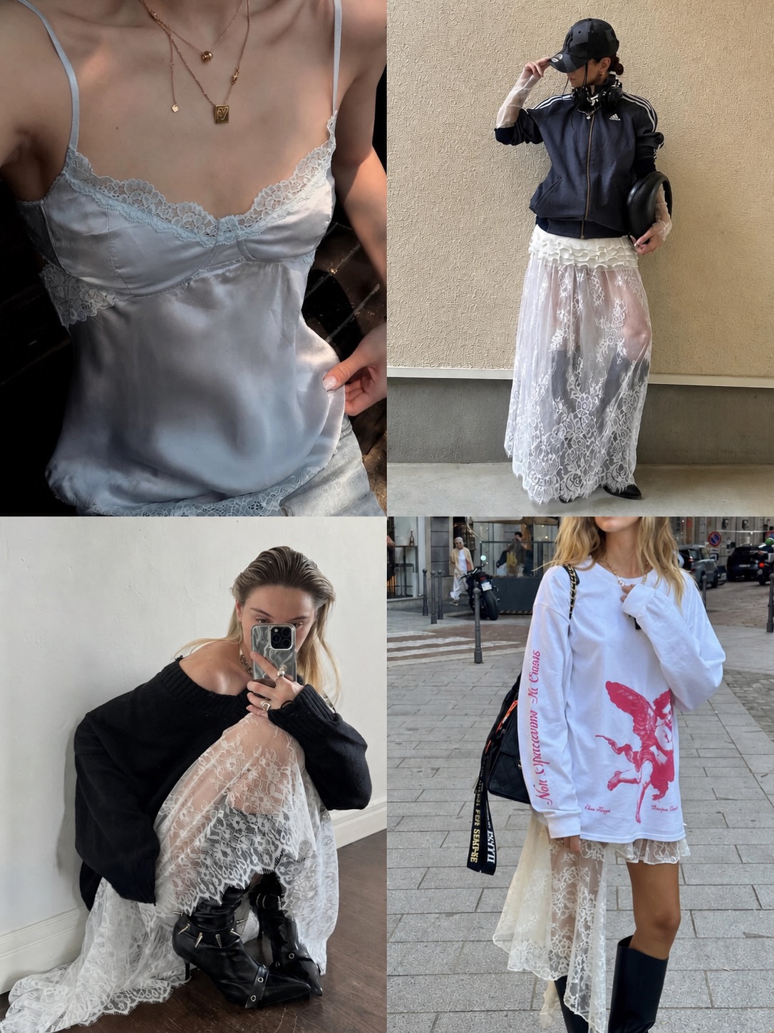 A soft lace and sheer outfit collage mixing camisoles, skirts, and layered white pieces.