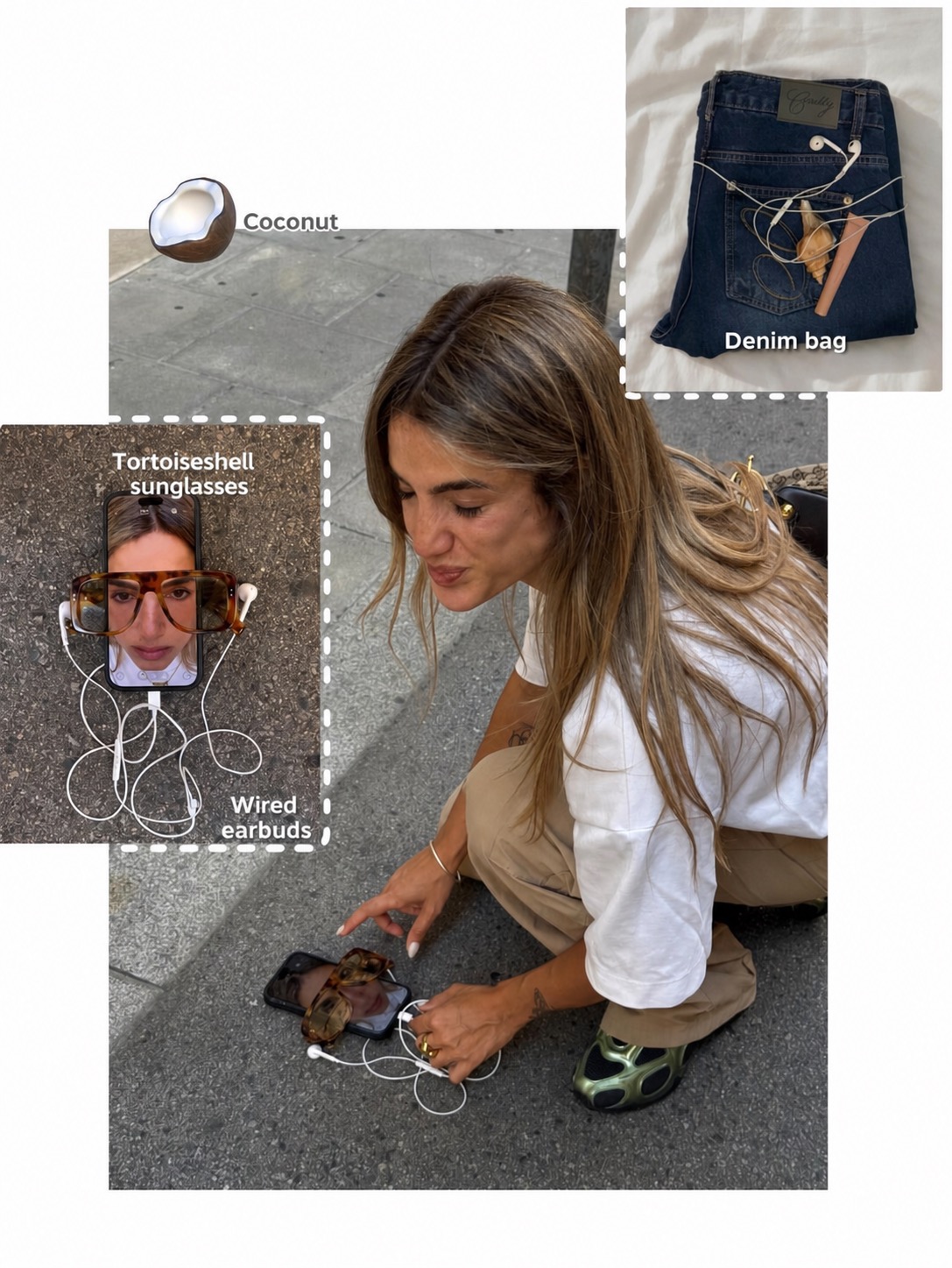 A street-style annotation image showing wired earbuds, tortoiseshell sunglasses, coconut tones, and a denim bag.