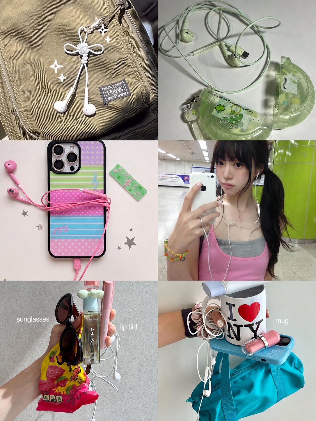 A collage of phones, wired earbuds, keychains, headphones, and Y2K accessory styling.