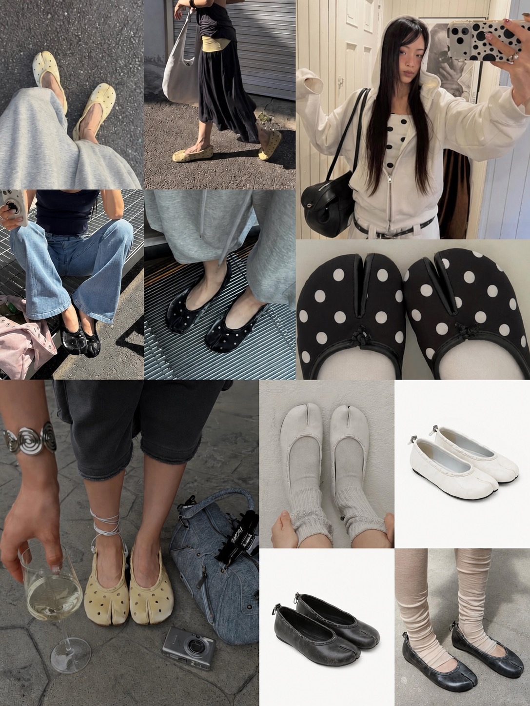 A collage of mule flats, black and white slip-on shoes, and casual summer styling references.