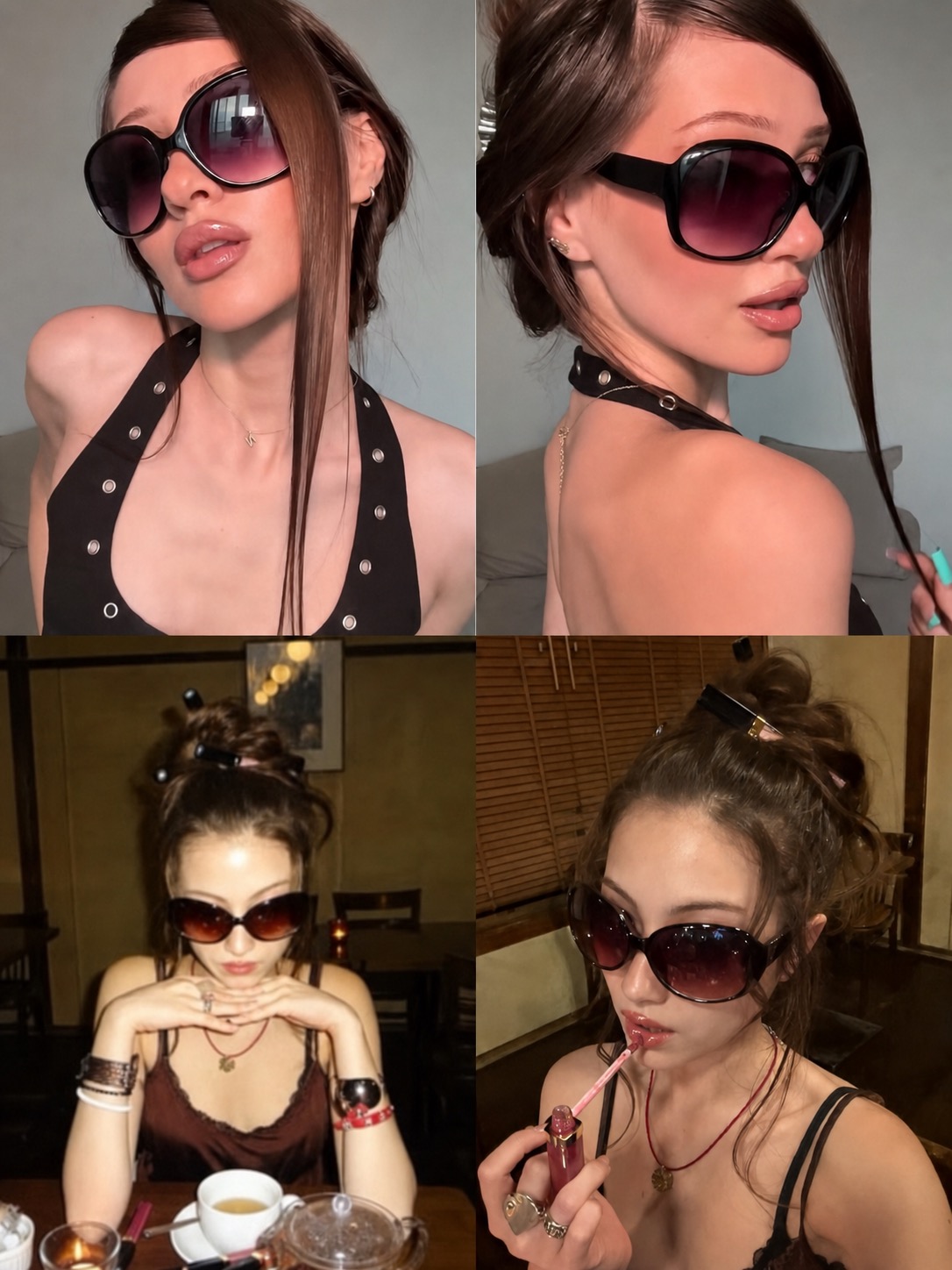 A collage of oversized Y2K sunglasses in black, burgundy, and gradient lenses.