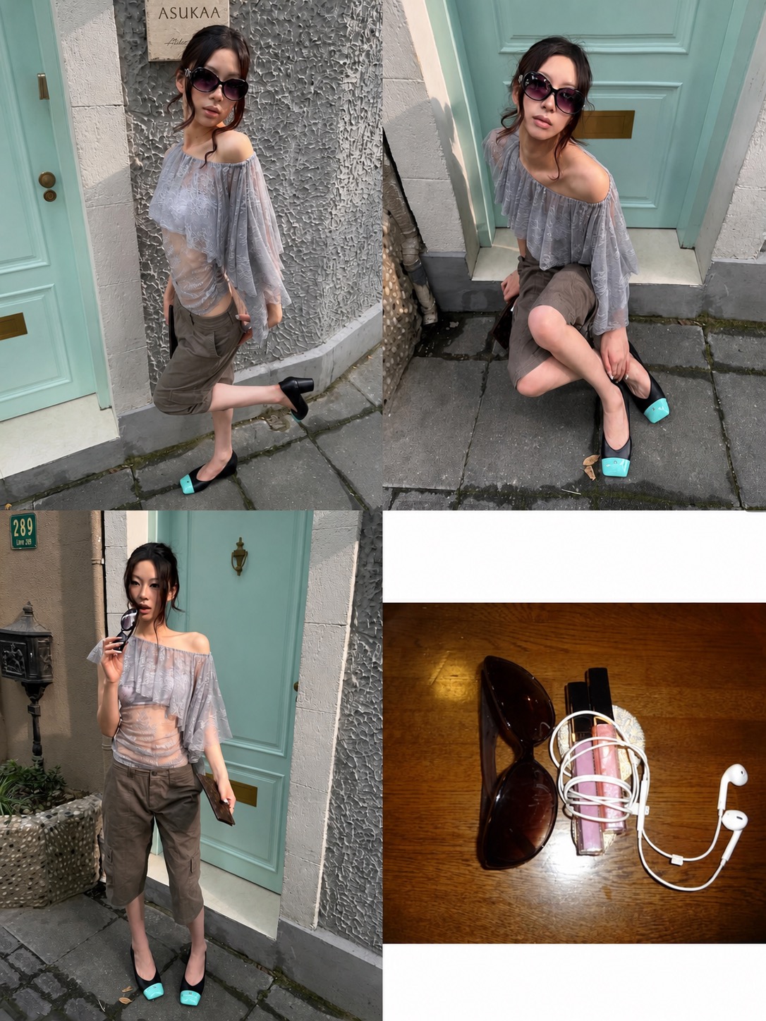 A collage of grey outfits, green shoes, wired earbuds, and soft utility styling.