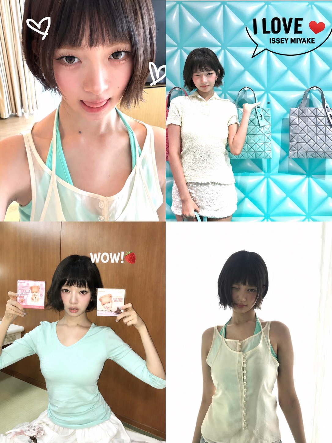 A mint green outfit collage with soft tops, sheer layers, and playful summer styling.