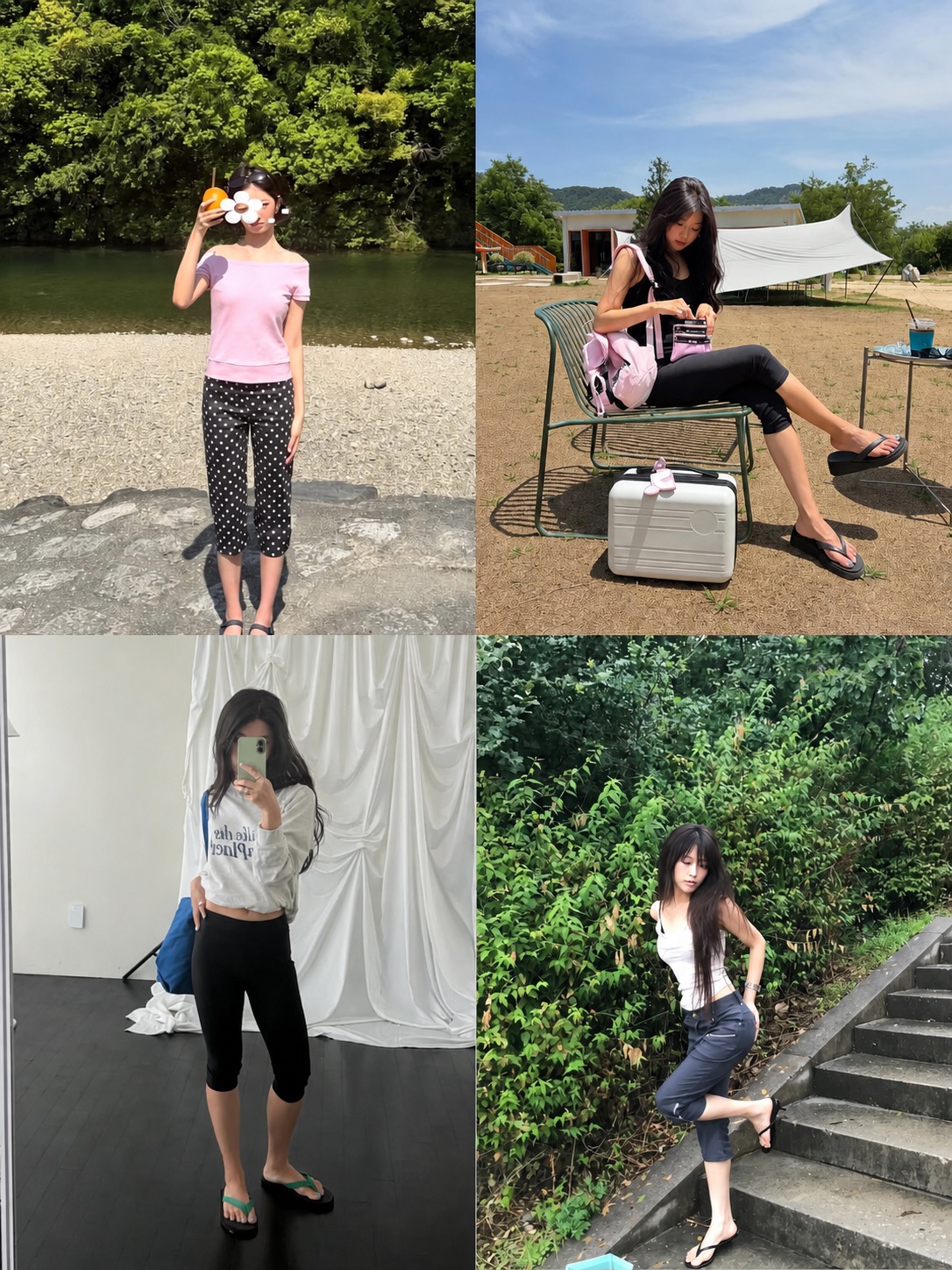A collage of capri pants outfit ideas with black, grey, pink, and outdoor summer styling.