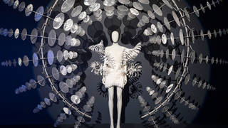 Iris van Herpen Infinity dress displayed with Anthony Howe’s Omniverse kinetic sculpture