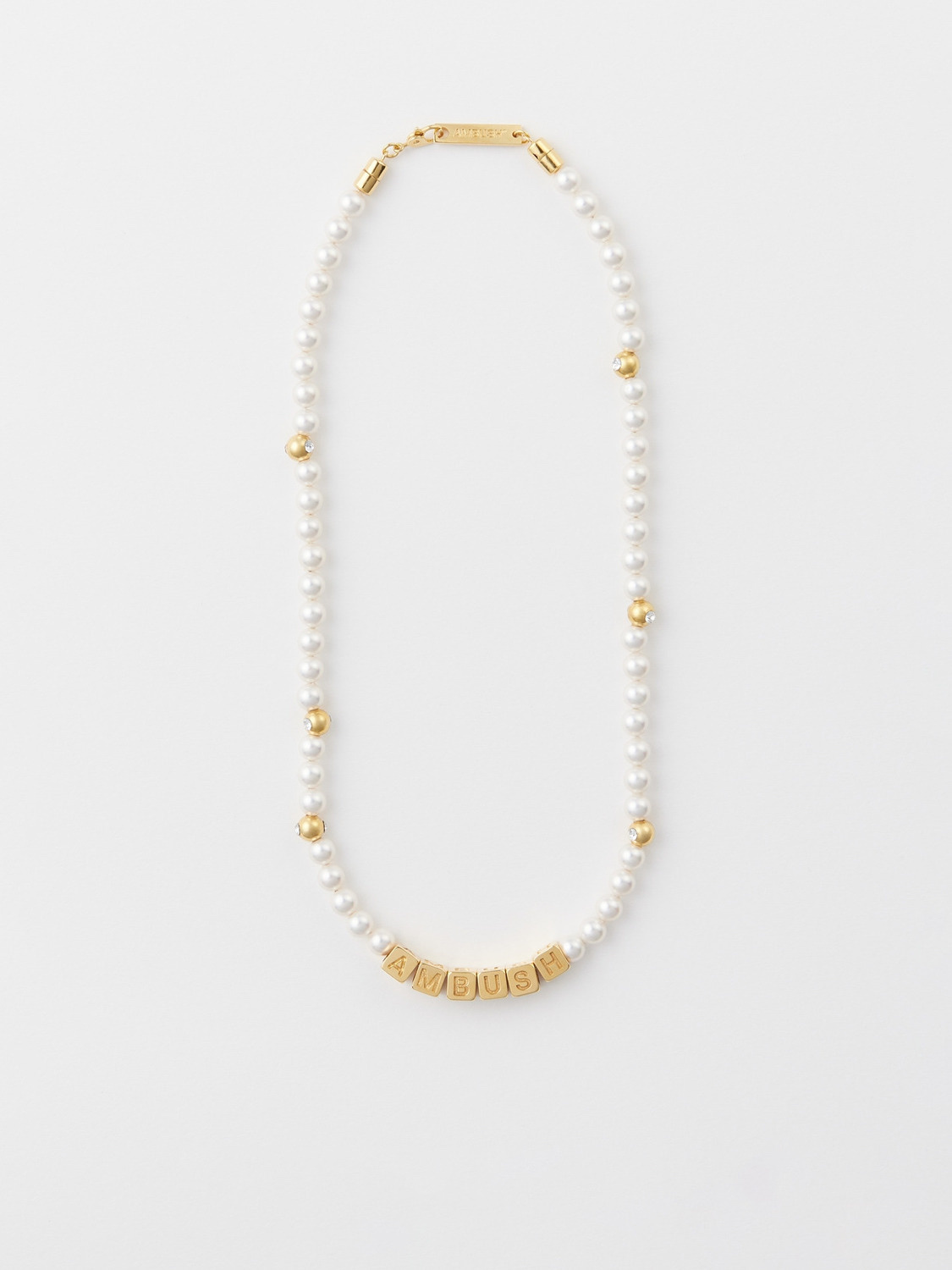 AMBUSH pearl letter block necklace combining pearls, metal beads, and block-letter charms