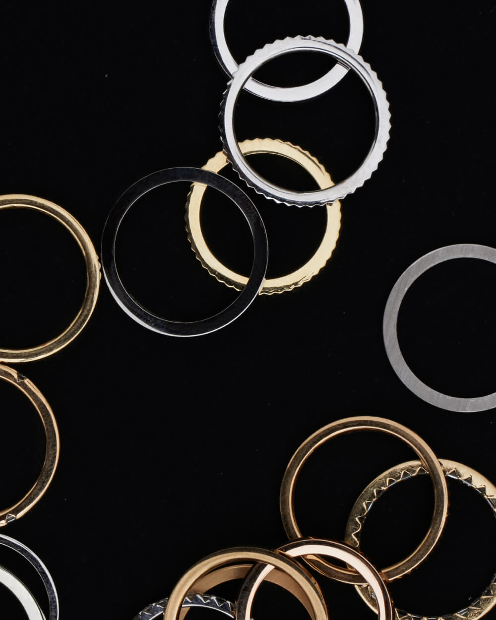 Le Gramme rings arranged as minimal industrial forms