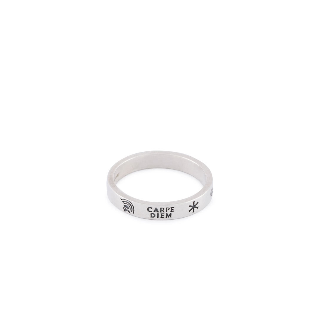 Serge DeNimes silver signet ring with engraved symbols