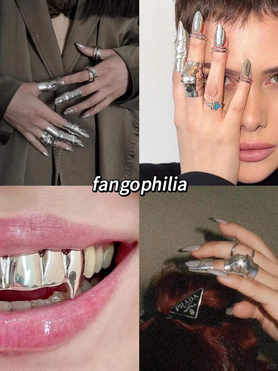 FANGOPHILIA silver finger armor, rings and molded dental jewelry in a four-image collage