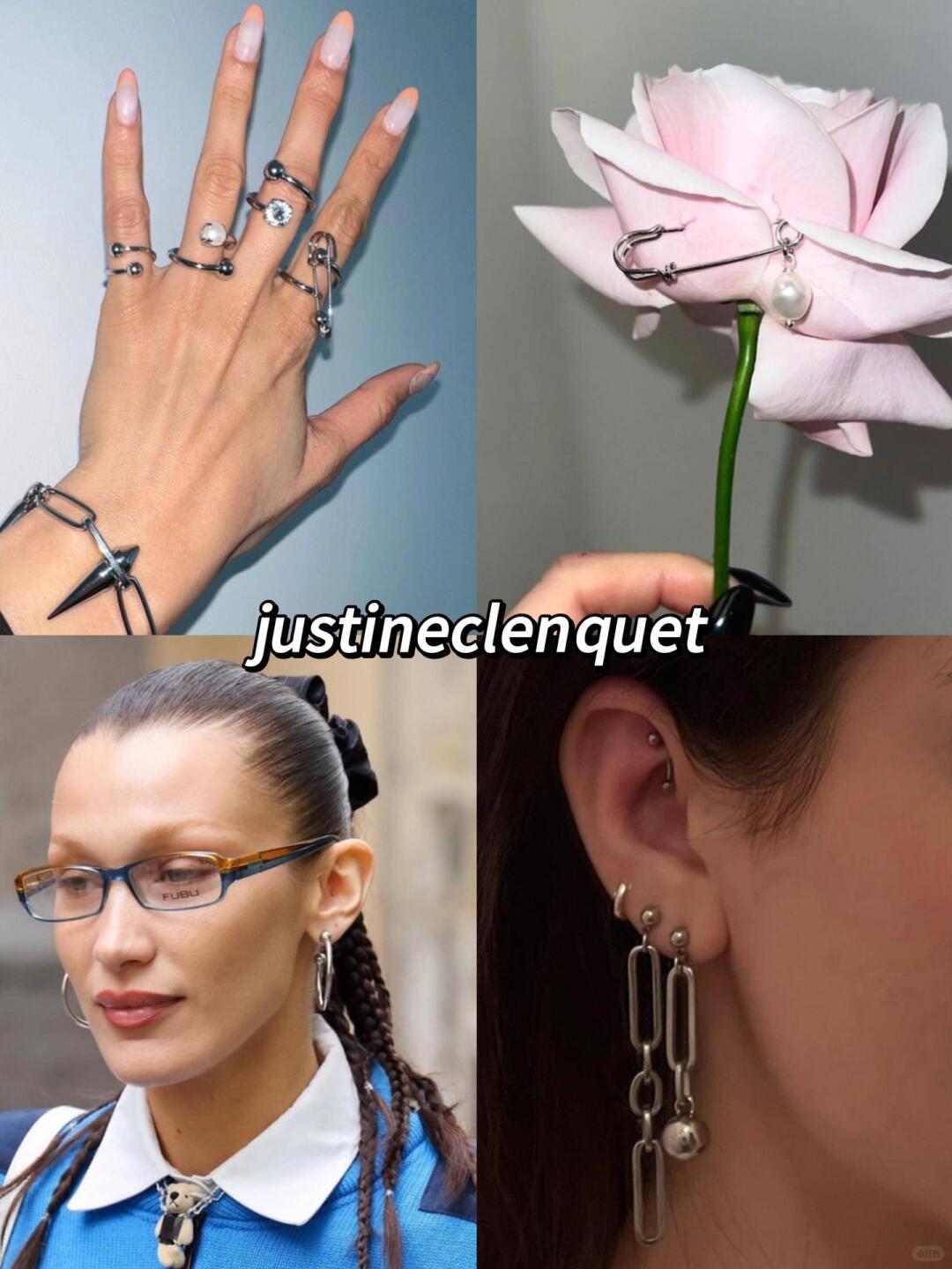 Justine Clenquet rings, ear chains and silver jewelry shown in a four-image collage