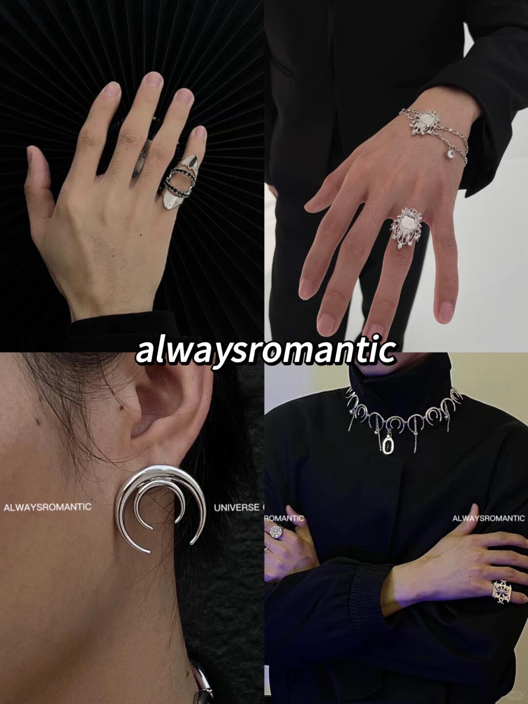 Always Romantic silver rings, ear jewelry and a chain necklace