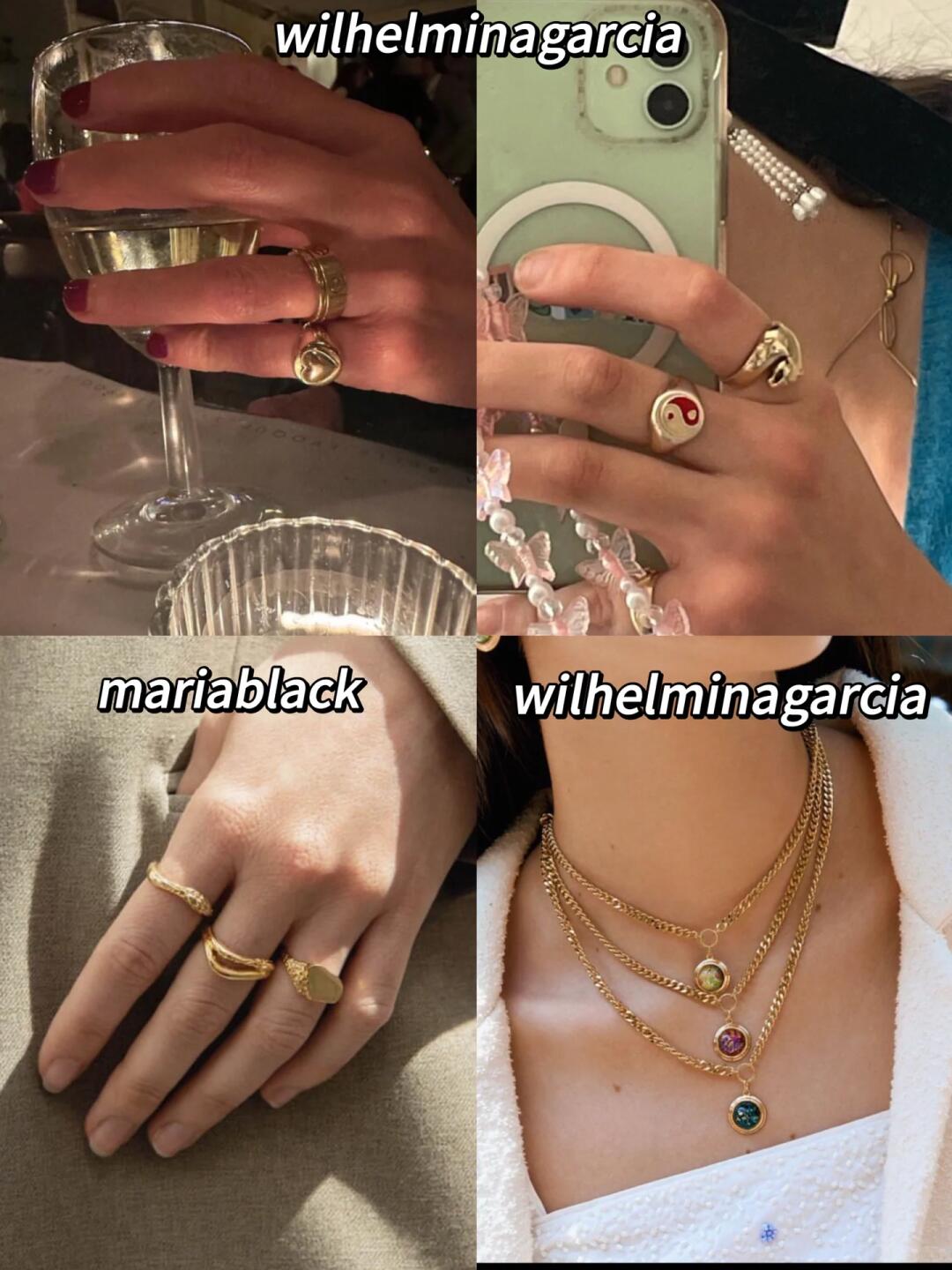 Wilhelmina Garcia and Maria Black gold rings, enamel jewelry and necklaces