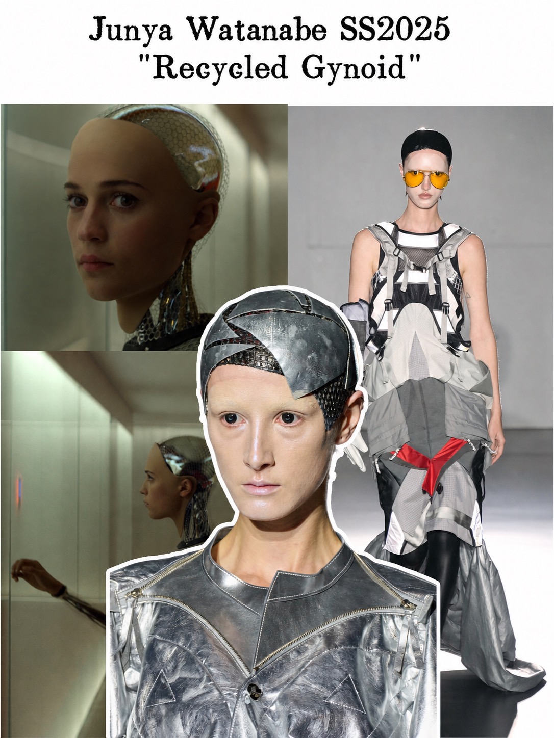 Junya Watanabe SS2025 recycled gynoid moodboard with a cyborg runway look and android reference