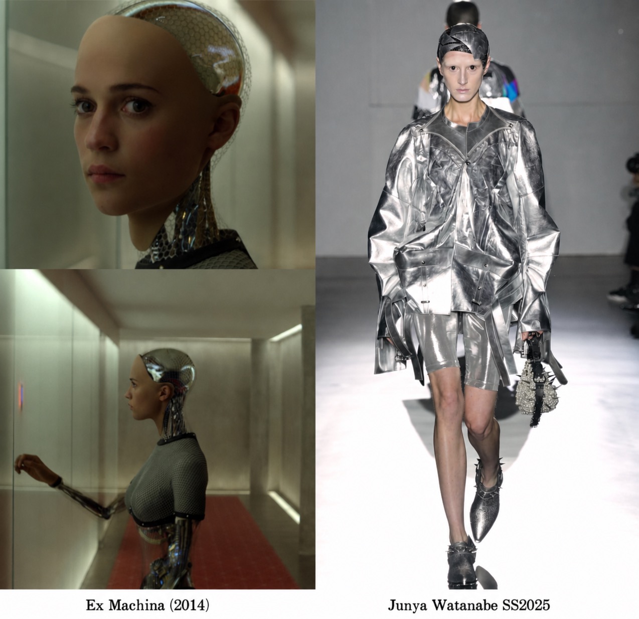 Junya Watanabe SS2025 runway look placed beside an Ex Machina-style gynoid reference