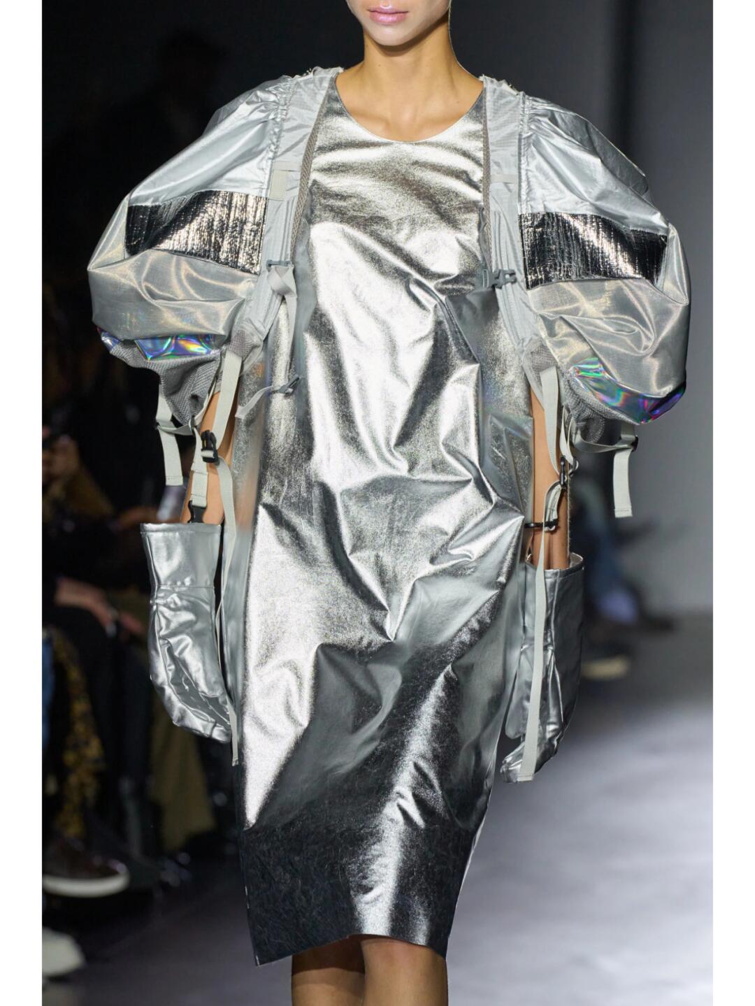 Junya Watanabe SS2025 silver dress with inflated side structures and attached accessories