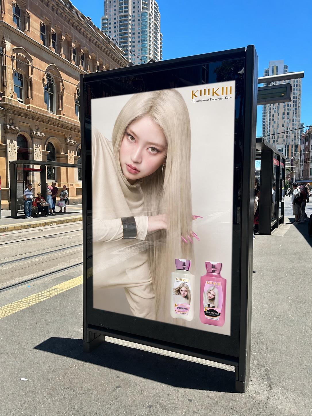 KiiiKiii haircare advertisement on a city bus shelter