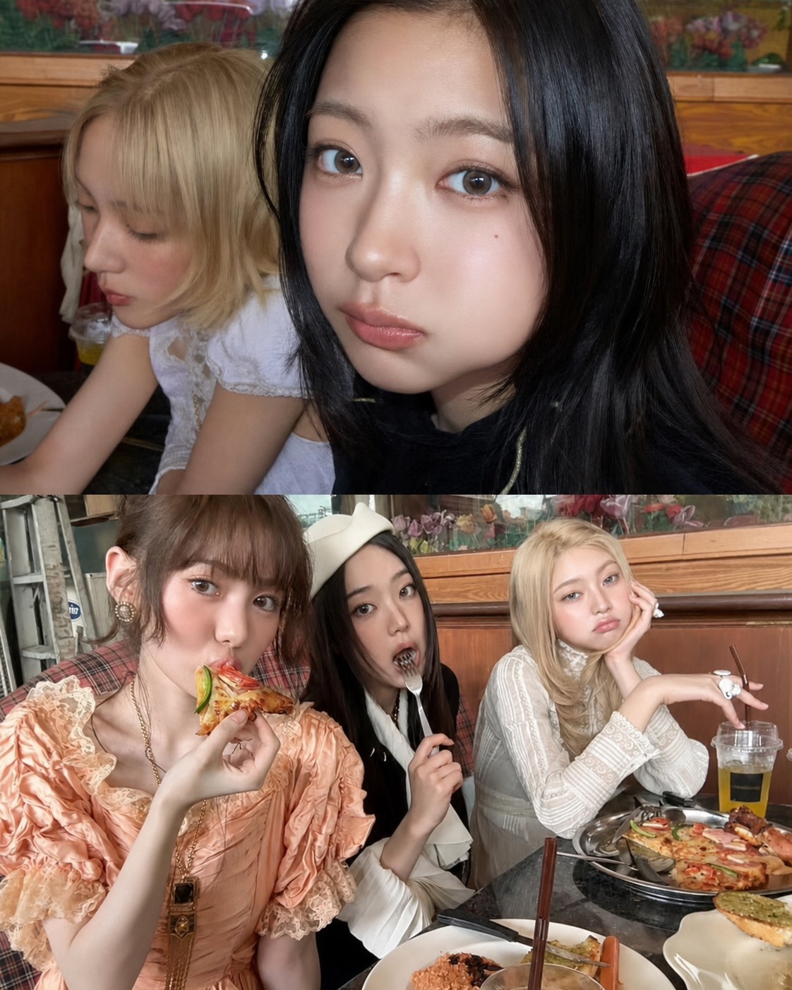 Two-panel restaurant collage with KiiiKiii members in soft Y2K styling