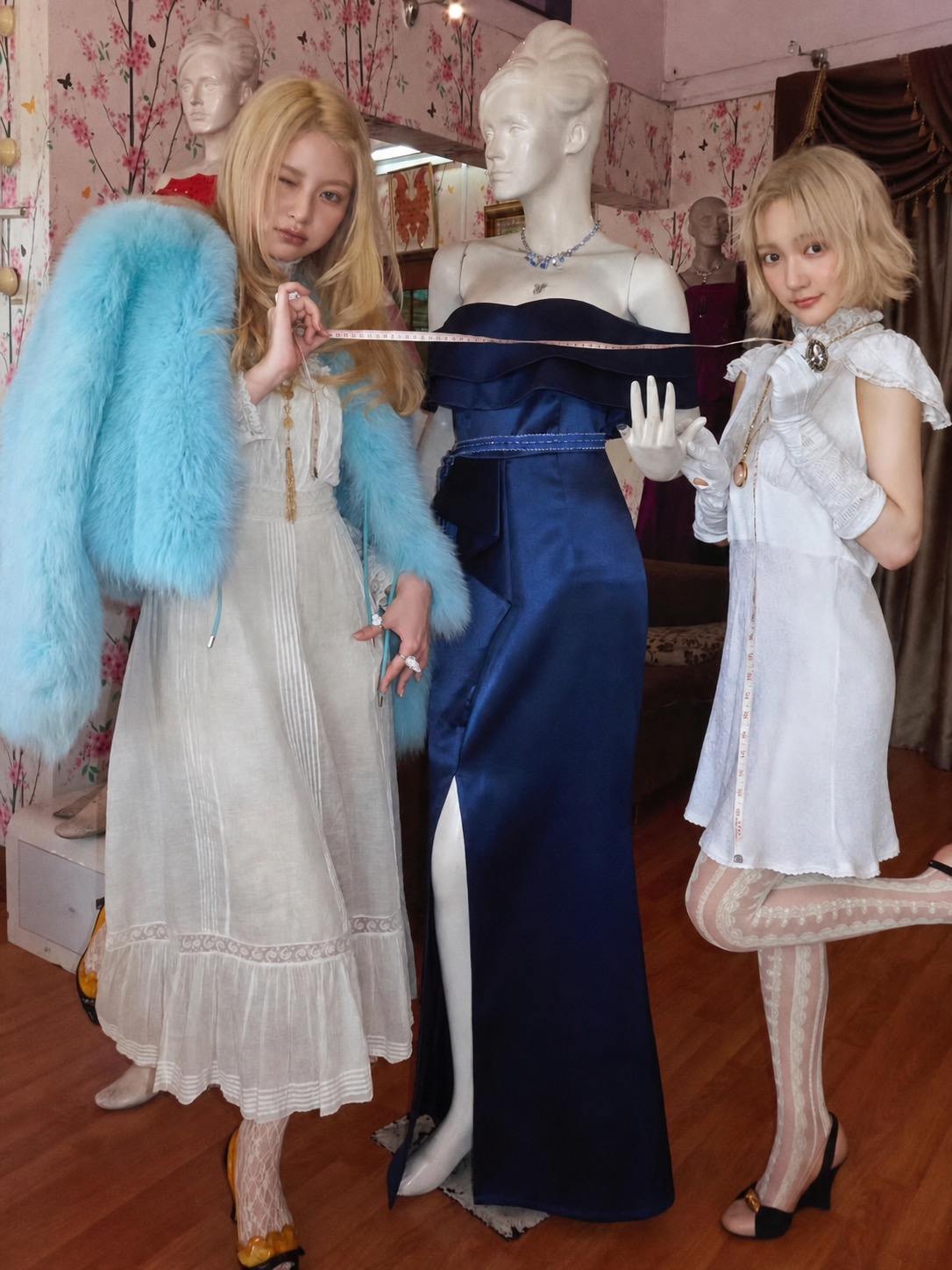Two members posing with a mannequin in romantic white and blue outfits