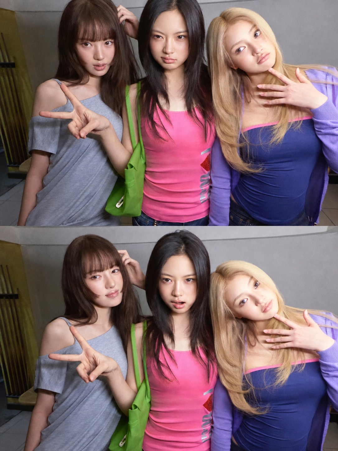 Two-panel trio portrait in pink, blue, grey, and green styling