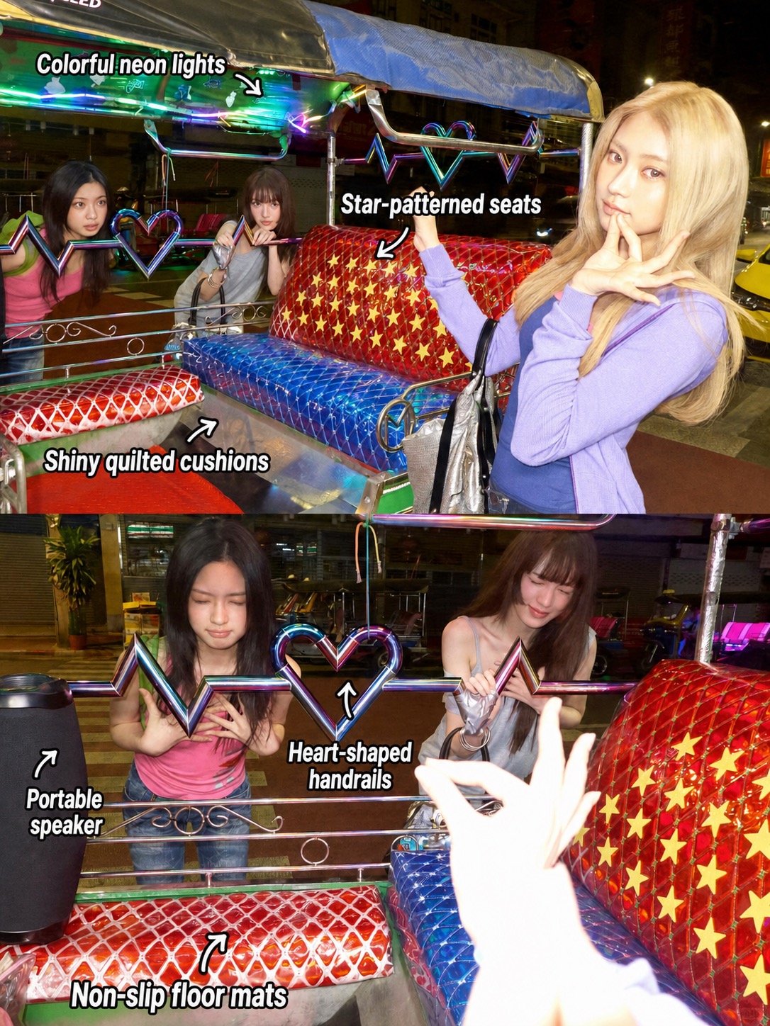 Annotated amusement-ride collage with English labels for neon lights, star seats, shiny cushions, heart rails, portable speaker, and non-slip mats
