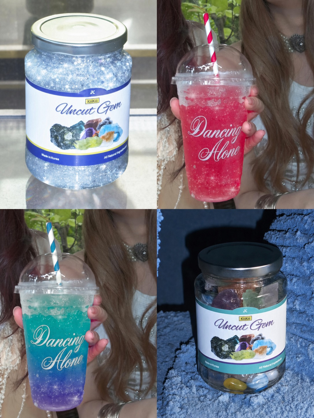 Four-panel collage of glitter drinks and gem-like product jars
