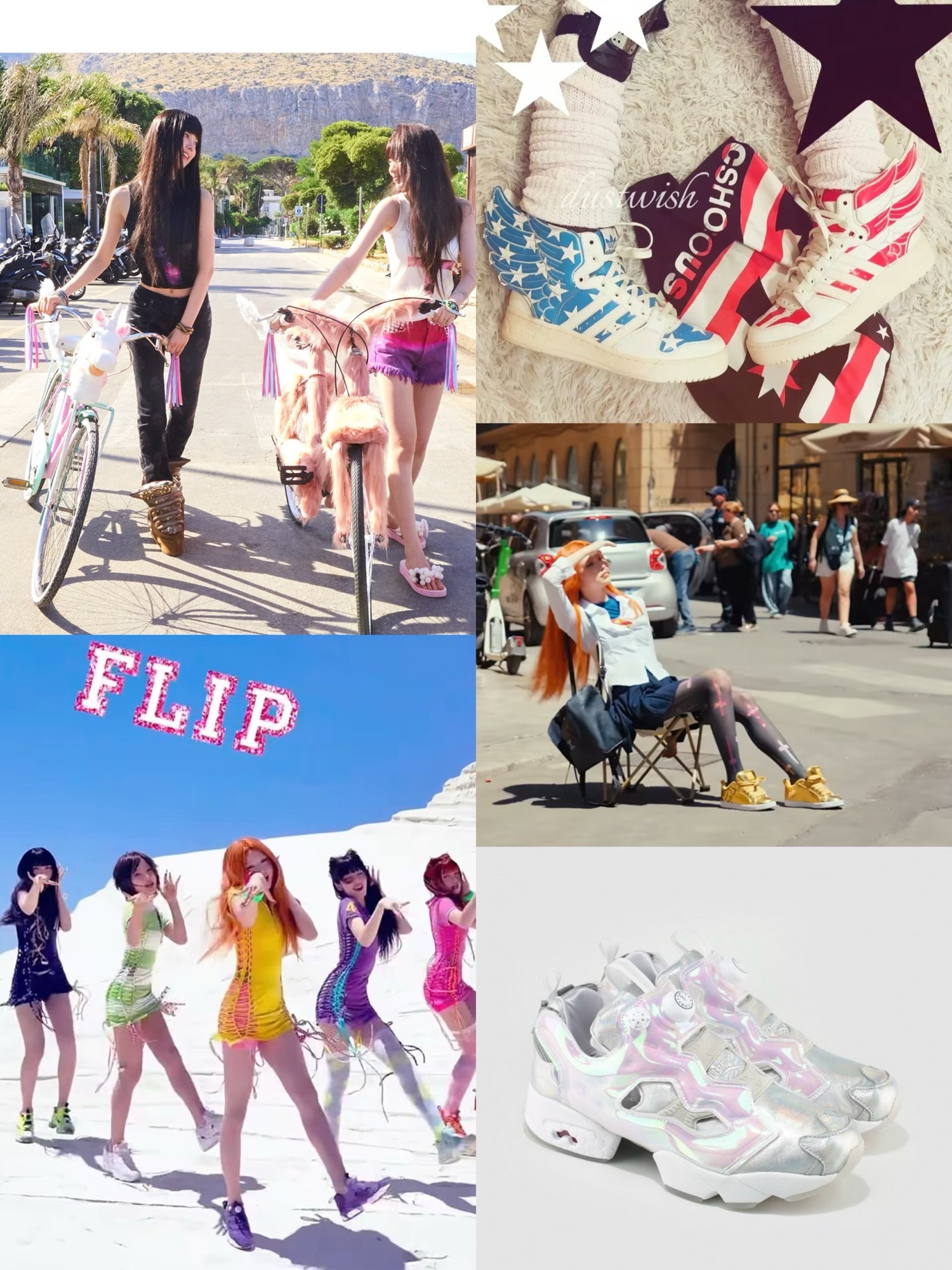 Collage of KiiiKiii music-video scenes, red-and-blue winged high-tops and pearlescent sneakers.