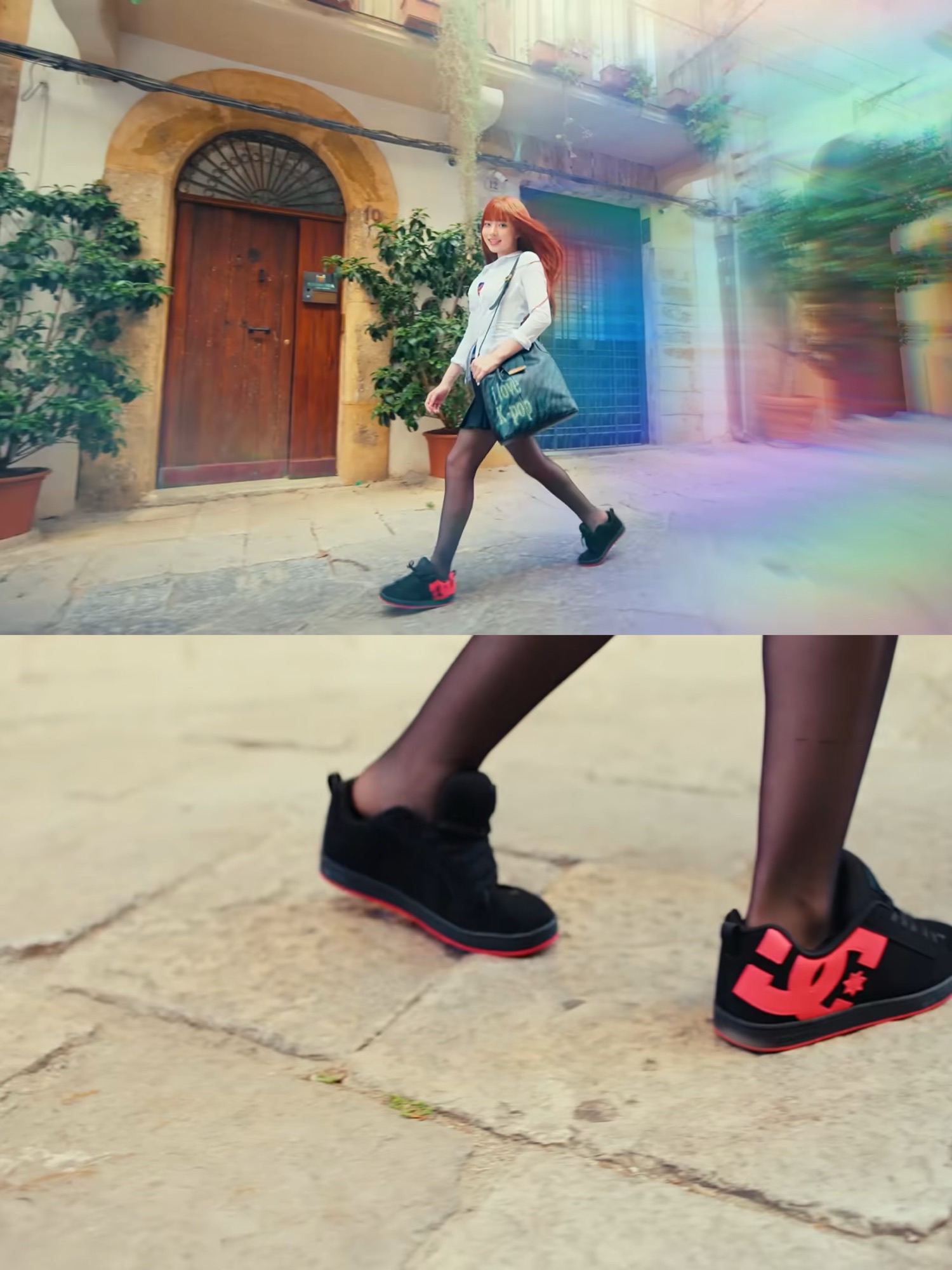 Two-panel image of a red-haired performer walking in a pale-blue shirt and dark skirt, with a close-up of black DC sneakers with bright pink logos.