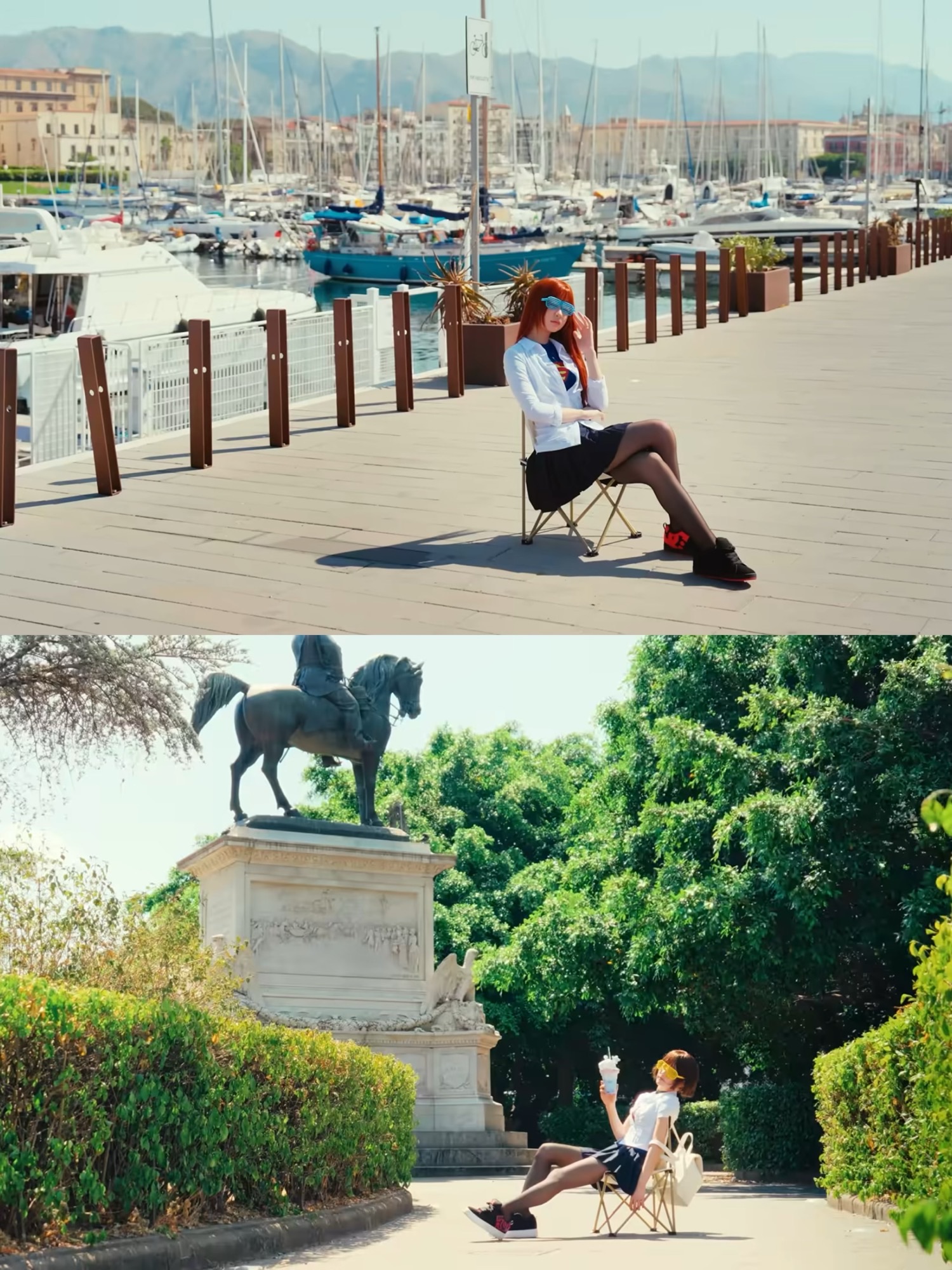 Two scenes of a performer seated in a folding chair, first beside a marina and then near an equestrian statue, wearing black sneakers with pink details.