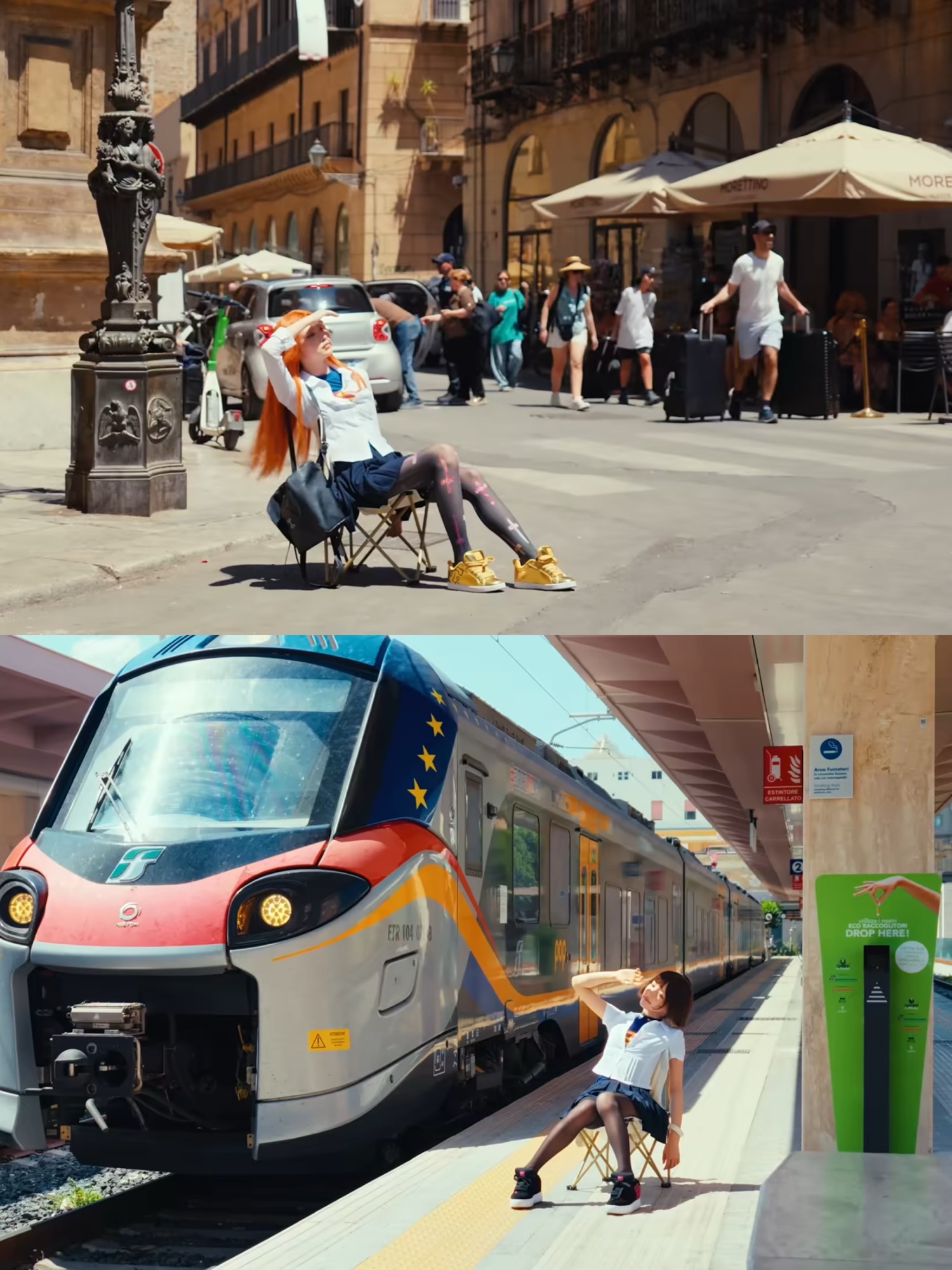 Two-panel collage of a red-haired performer in a pale shirt and dark skirt, seated in a folding chair in a town square and beside a train.