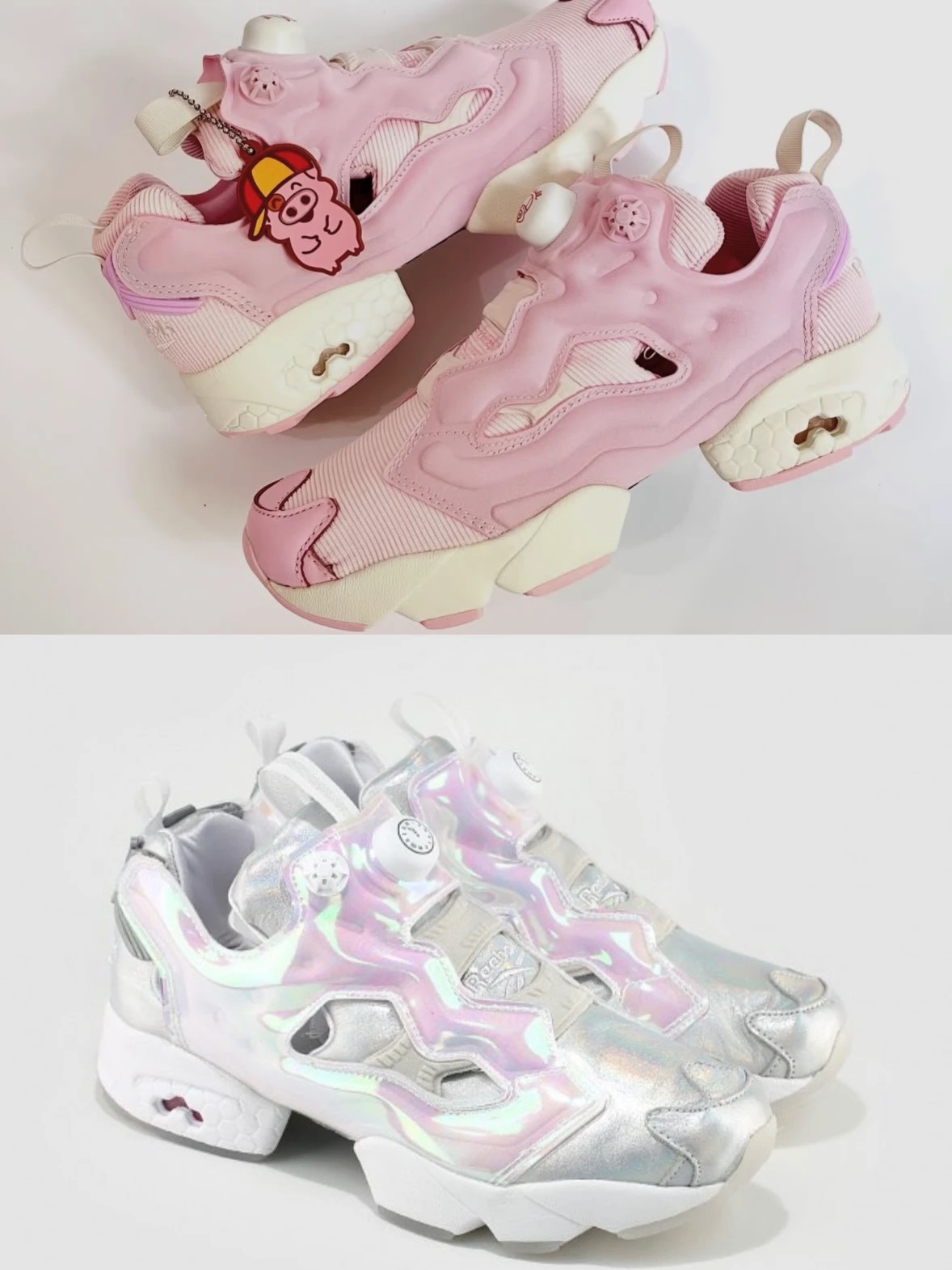 Two pairs of Reebok Instapump Fury sneakers, one pale pink and the other silver with iridescent panels, shown in stacked product photos.