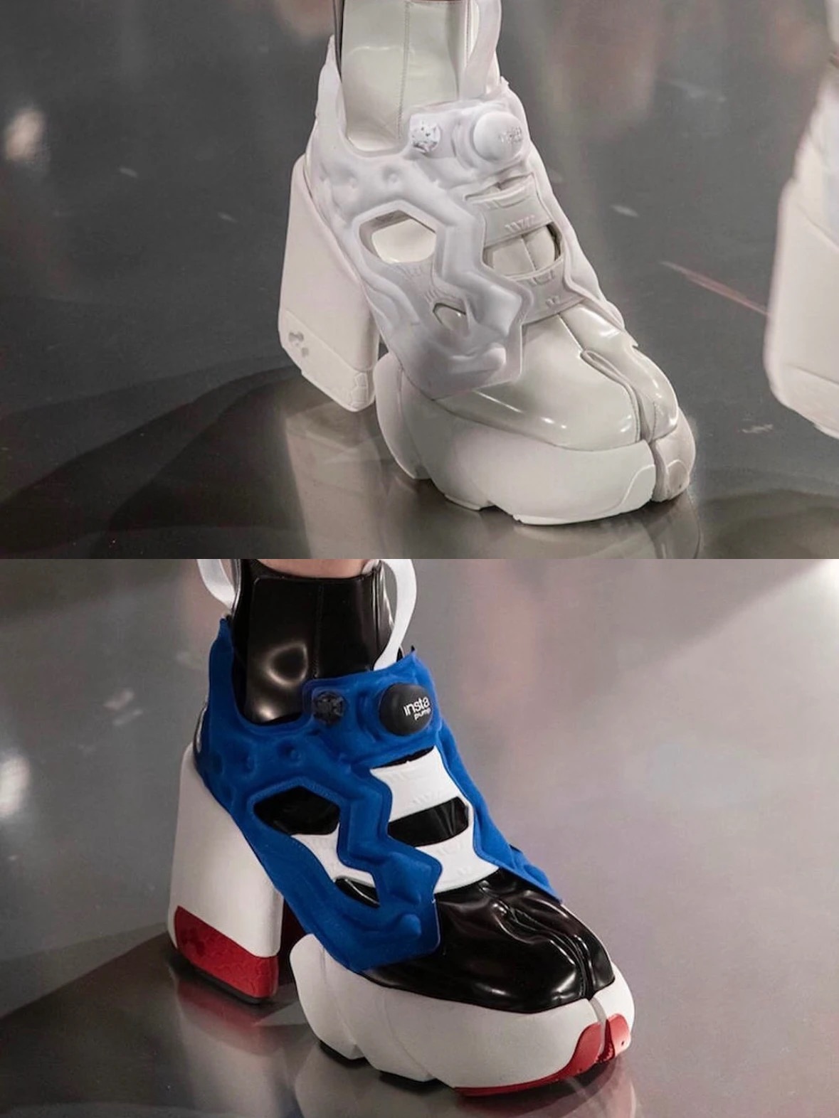 Stacked close-ups of split-toe platform footwear with Pump uppers, shown in white and in blue, black, white and red.