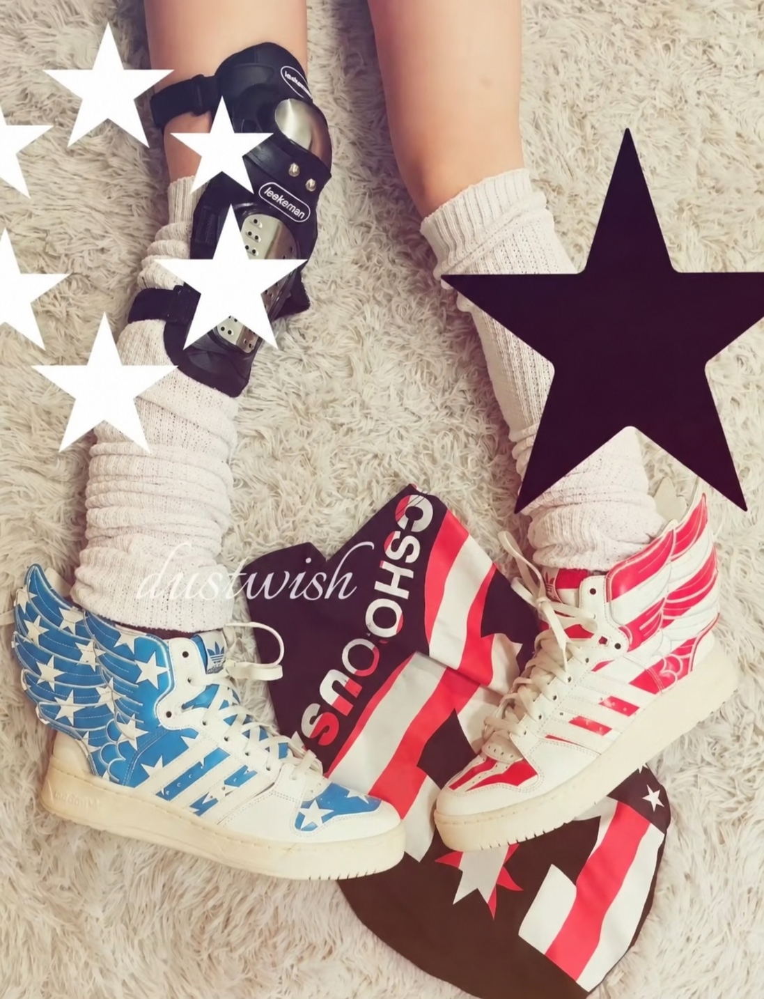 Red-and-white and blue-and-white winged high-tops worn with cream leg warmers, surrounded by star graphics and a striped board.