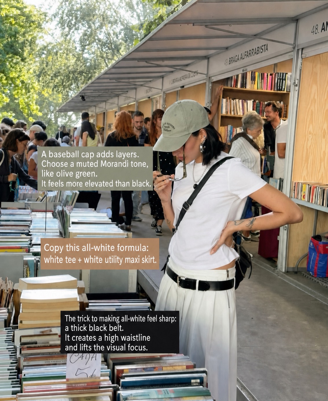 All-white librarian core outfit with a muted baseball cap, black belt and white utility skirt
