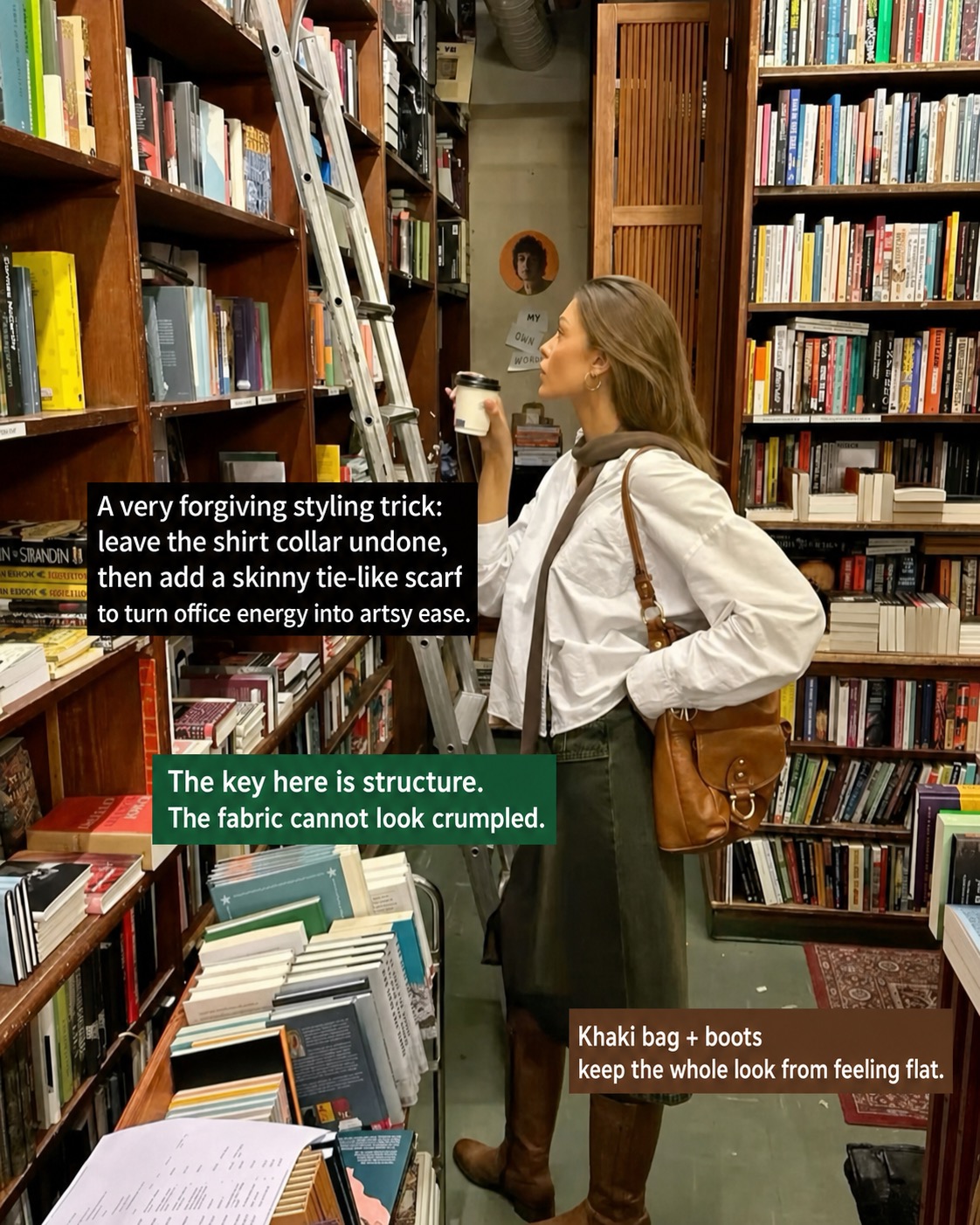 Structured white shirt with olive skirt, khaki bag and brown boots in an artsy library outfit
