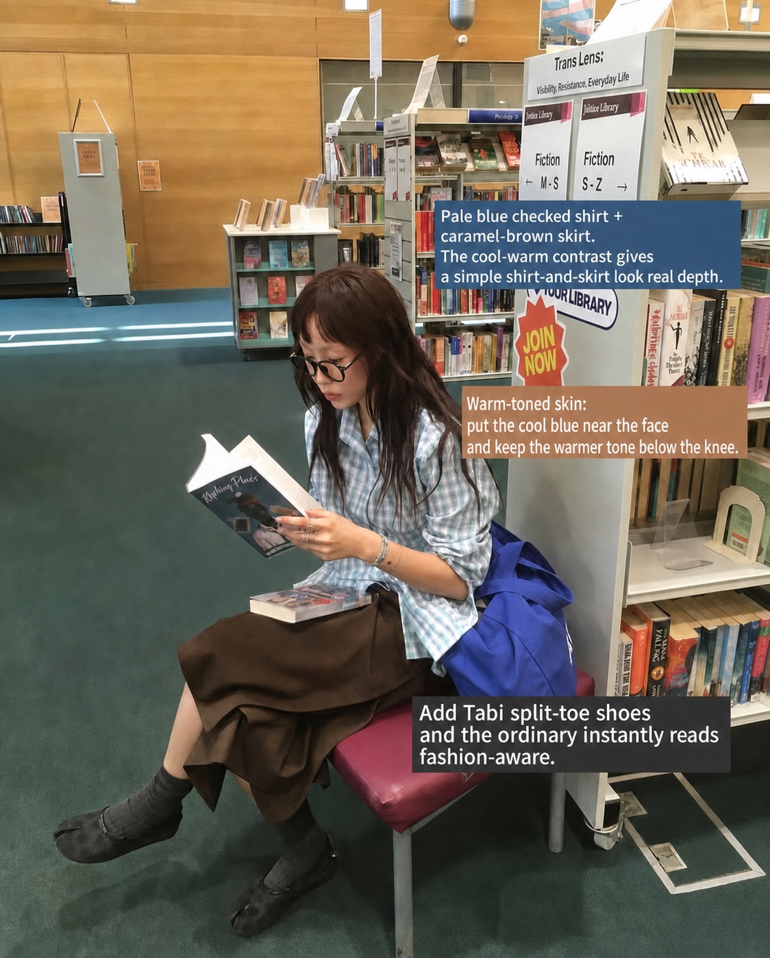 Pale blue checked shirt and caramel-brown skirt styled with glasses and Tabi shoes