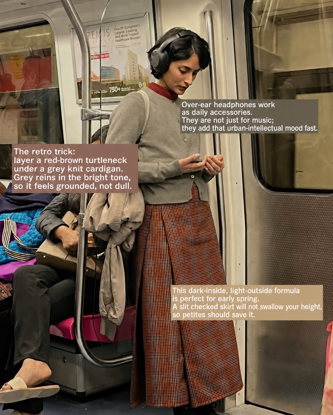 Grey cardigan with red-brown turtleneck, checked skirt and over-ear headphones in an urban intellectual outfit