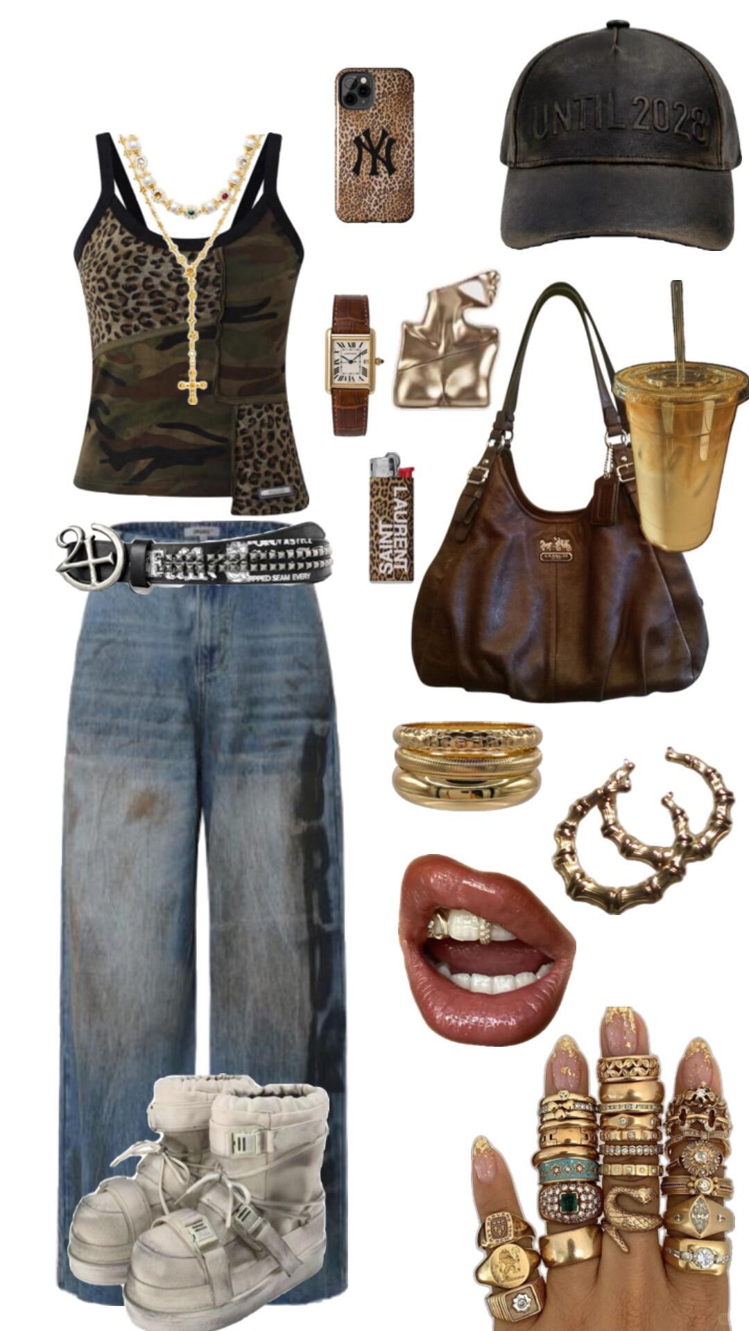 Camo-and-leopard top with distressed denim, a vintage Coach shoulder bag, and gold accessories
