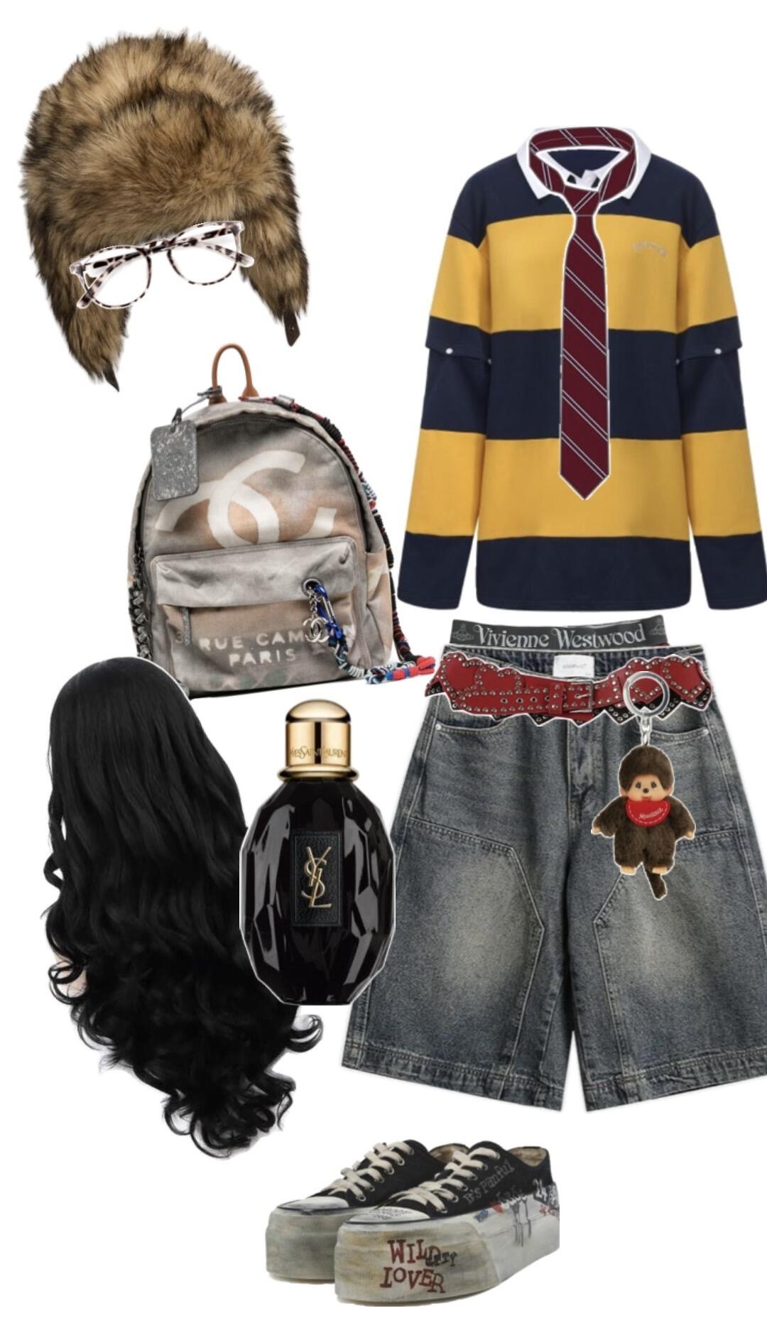 Fur hat, glasses, rugby top, backpack, and a low-rise denim short with a statement belt