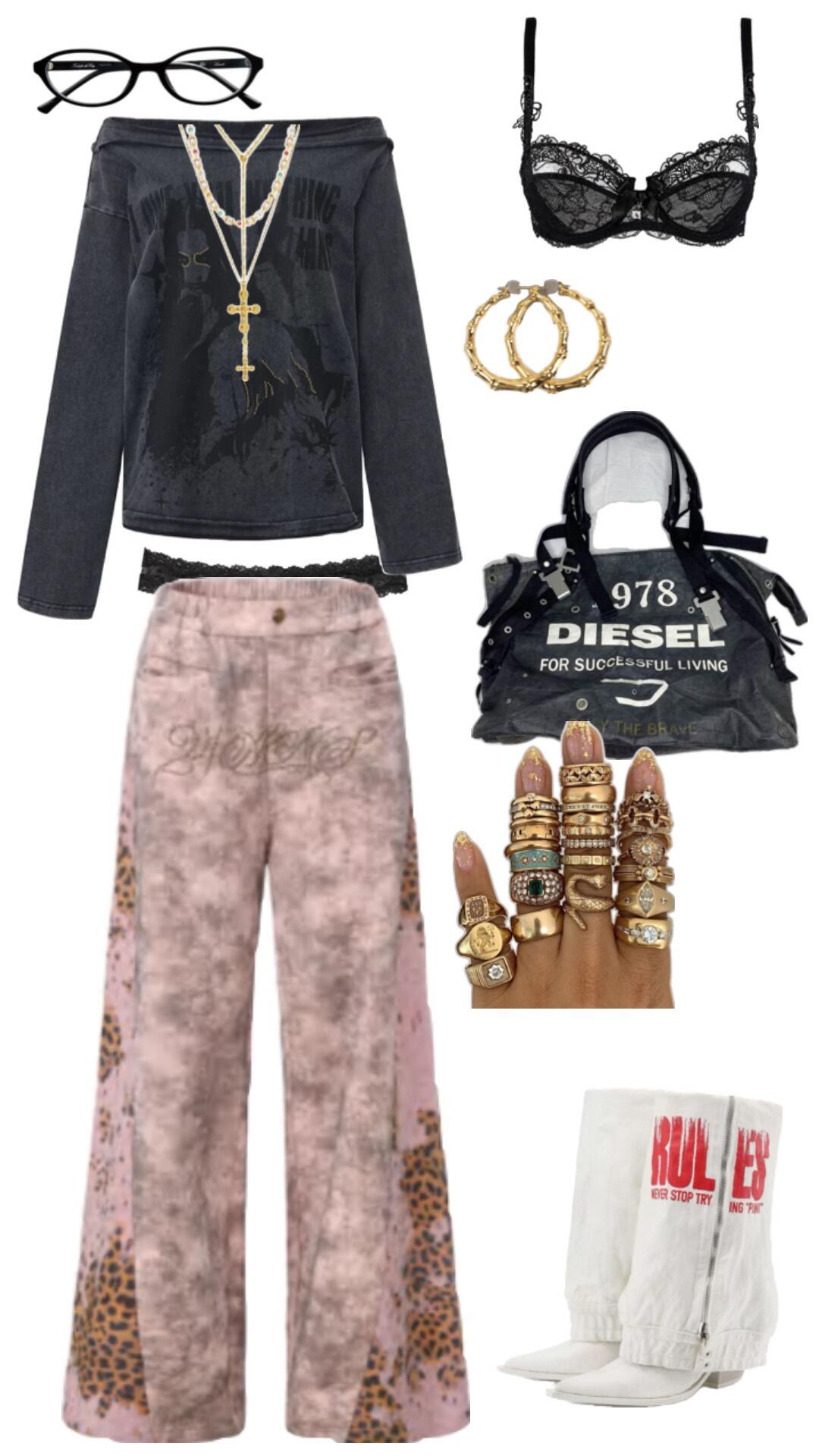 Black-and-grey layered top with lace detail, pink leopard trousers, rings, and a Diesel bag