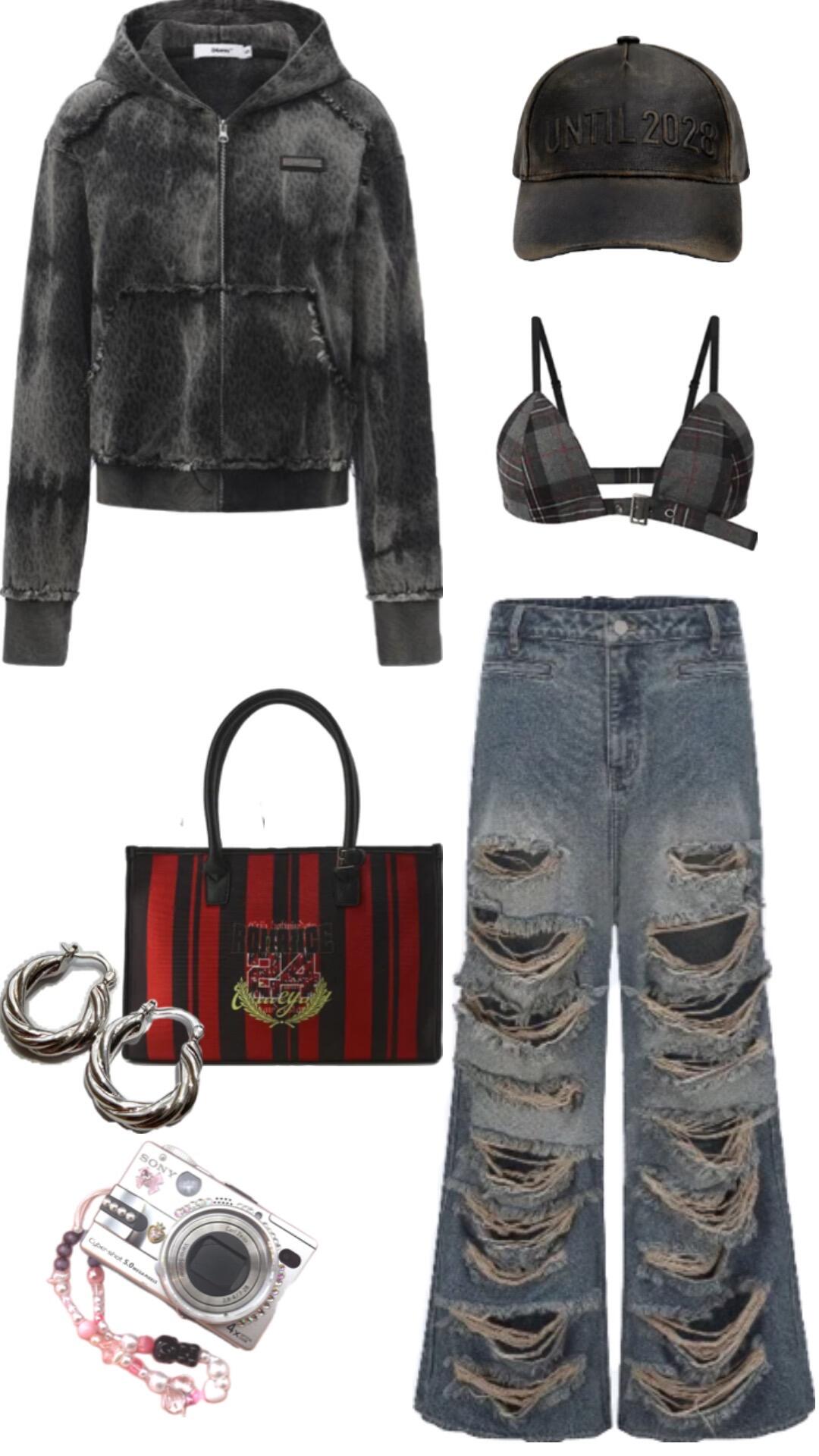 Dark hoodie, plaid bra layer, ripped jeans, and a red striped tote
