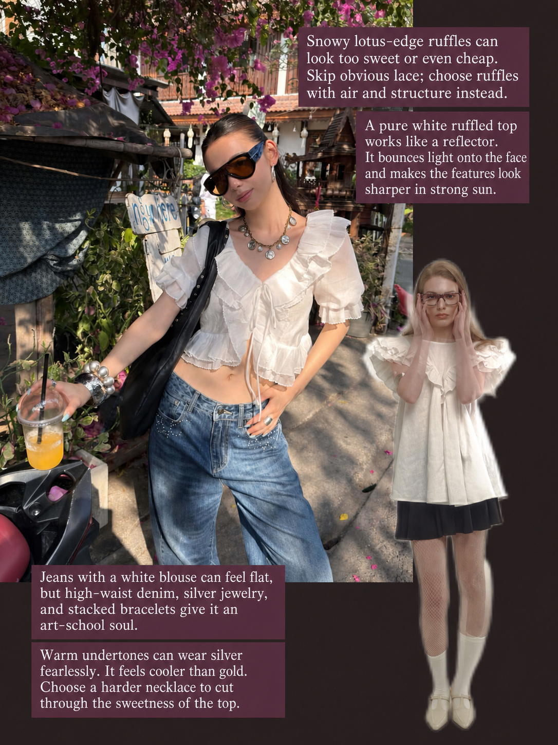 White ruffle top outfit with jeans, sunglasses and silver accessories