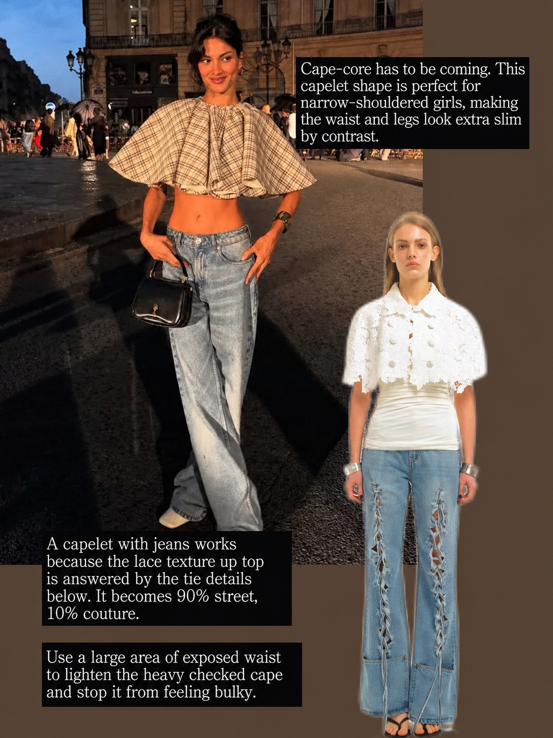 Capelet top outfit with jeans and low saturation city styling