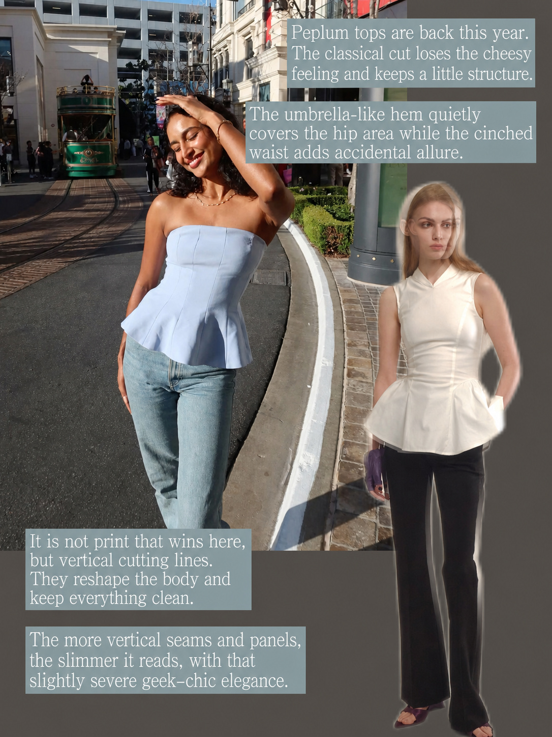 How to style a peplum top with jeans and a clean white sculptural shape