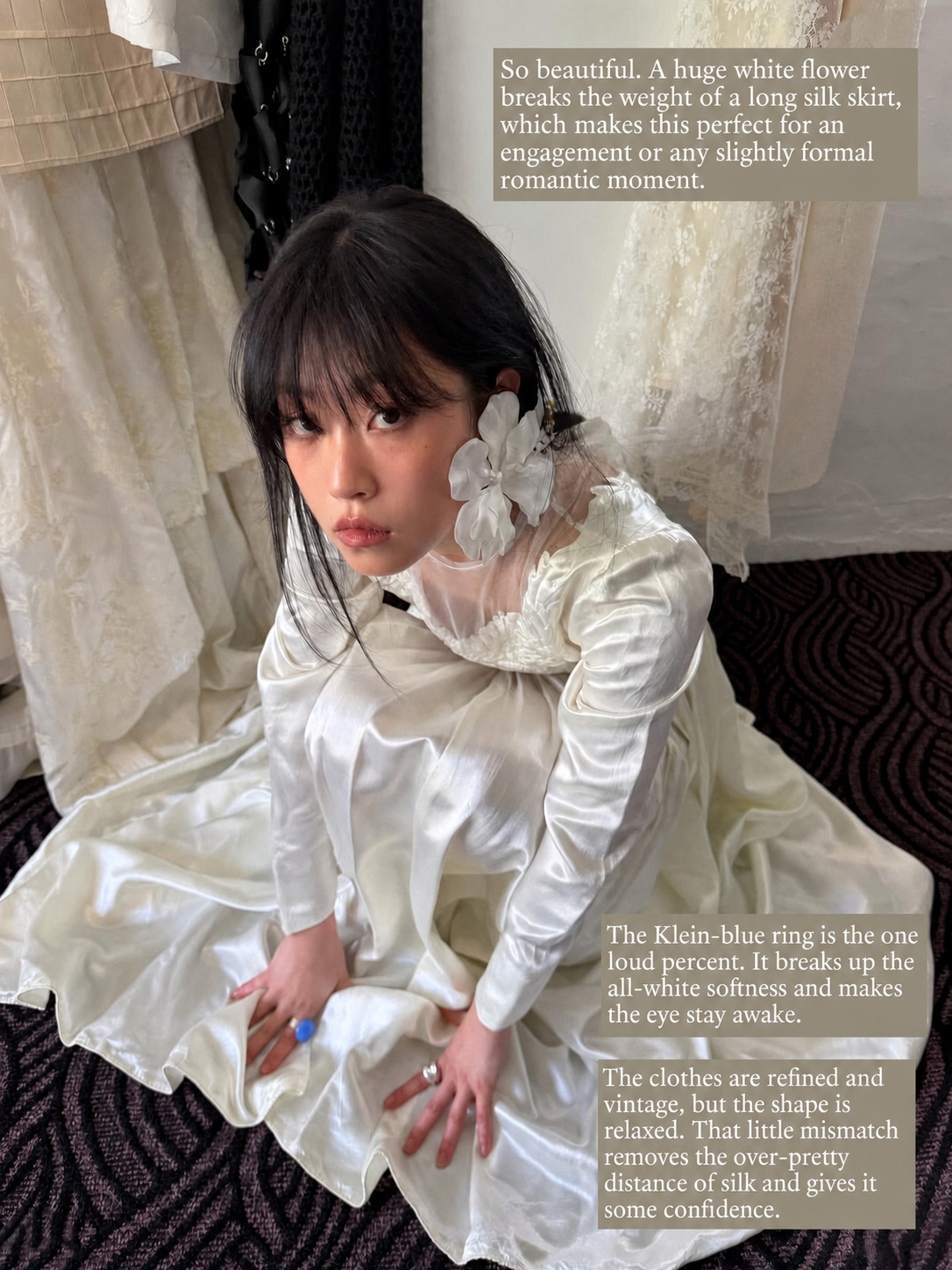 White outfit idea with oversized flower, soft volume and pale blue detail