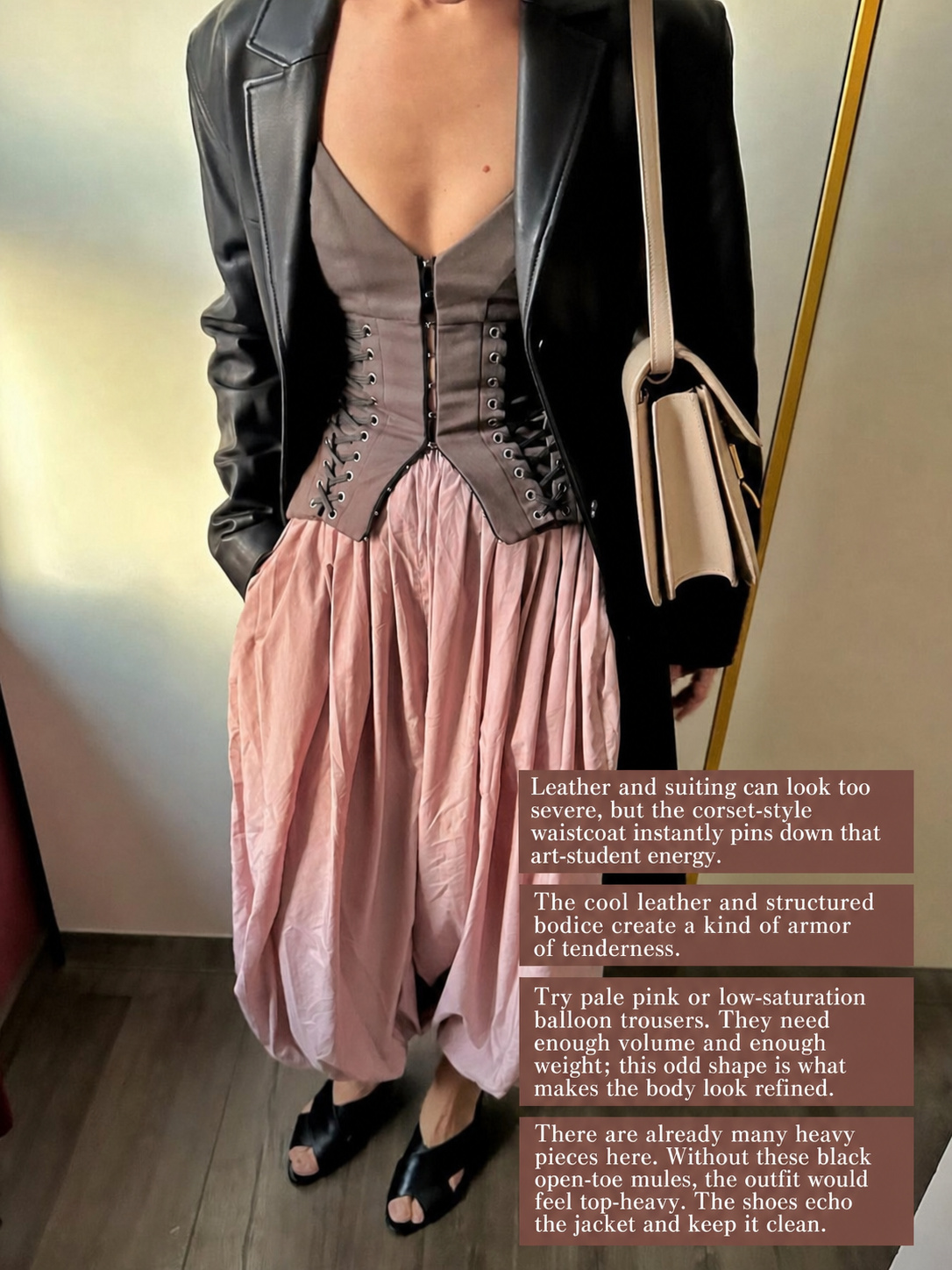 Muted color outfit idea with leather jacket, corset waistcoat and pale pink balloon skirt