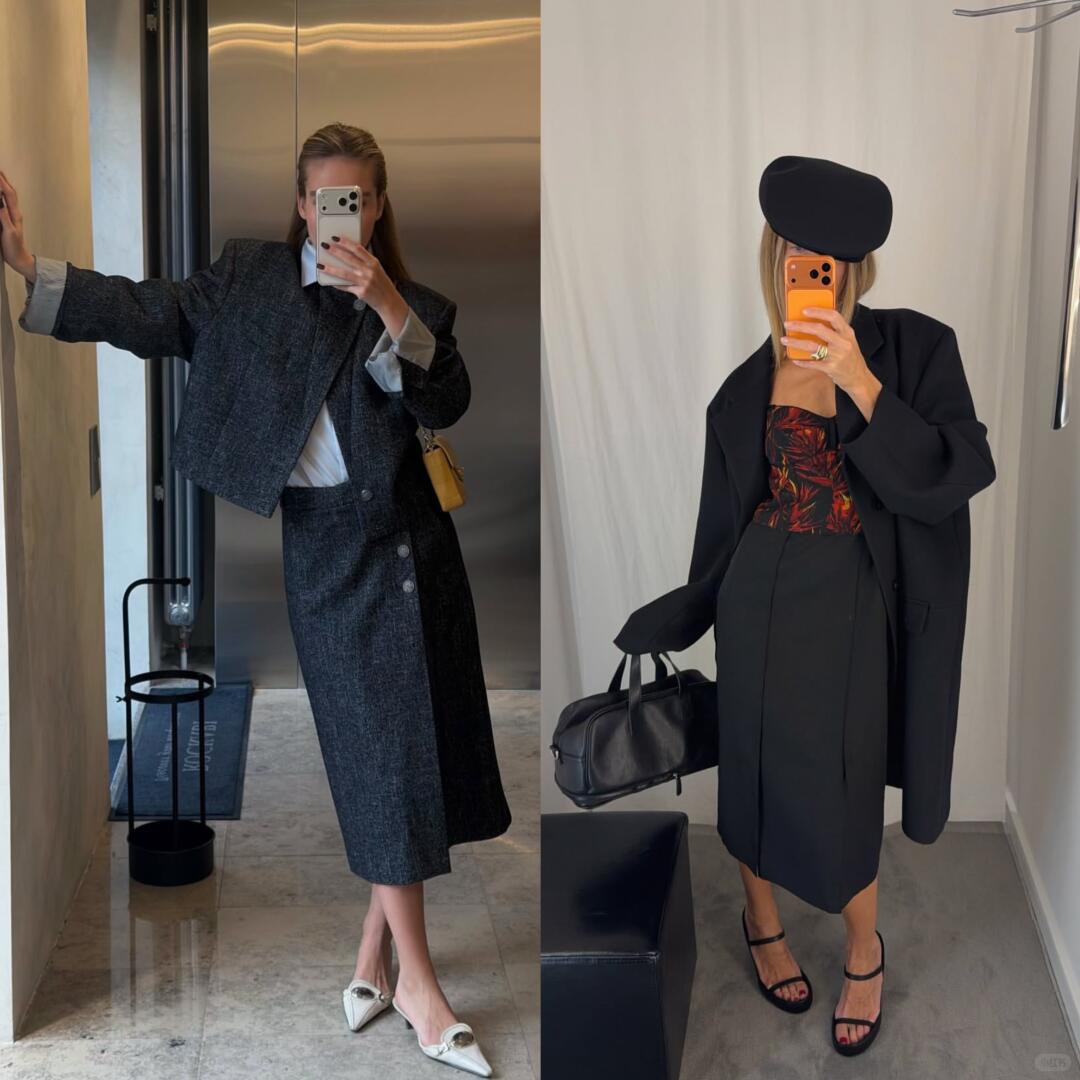 Midi skirt and tailored outerwear in a measured office combination