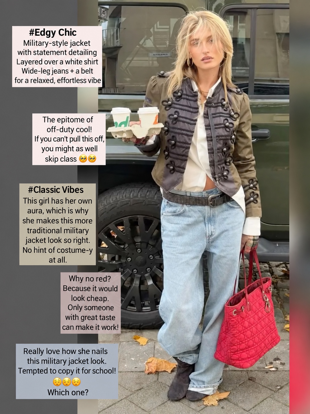 Olive military jacket, white shirt, wide-leg jeans and a red bag
