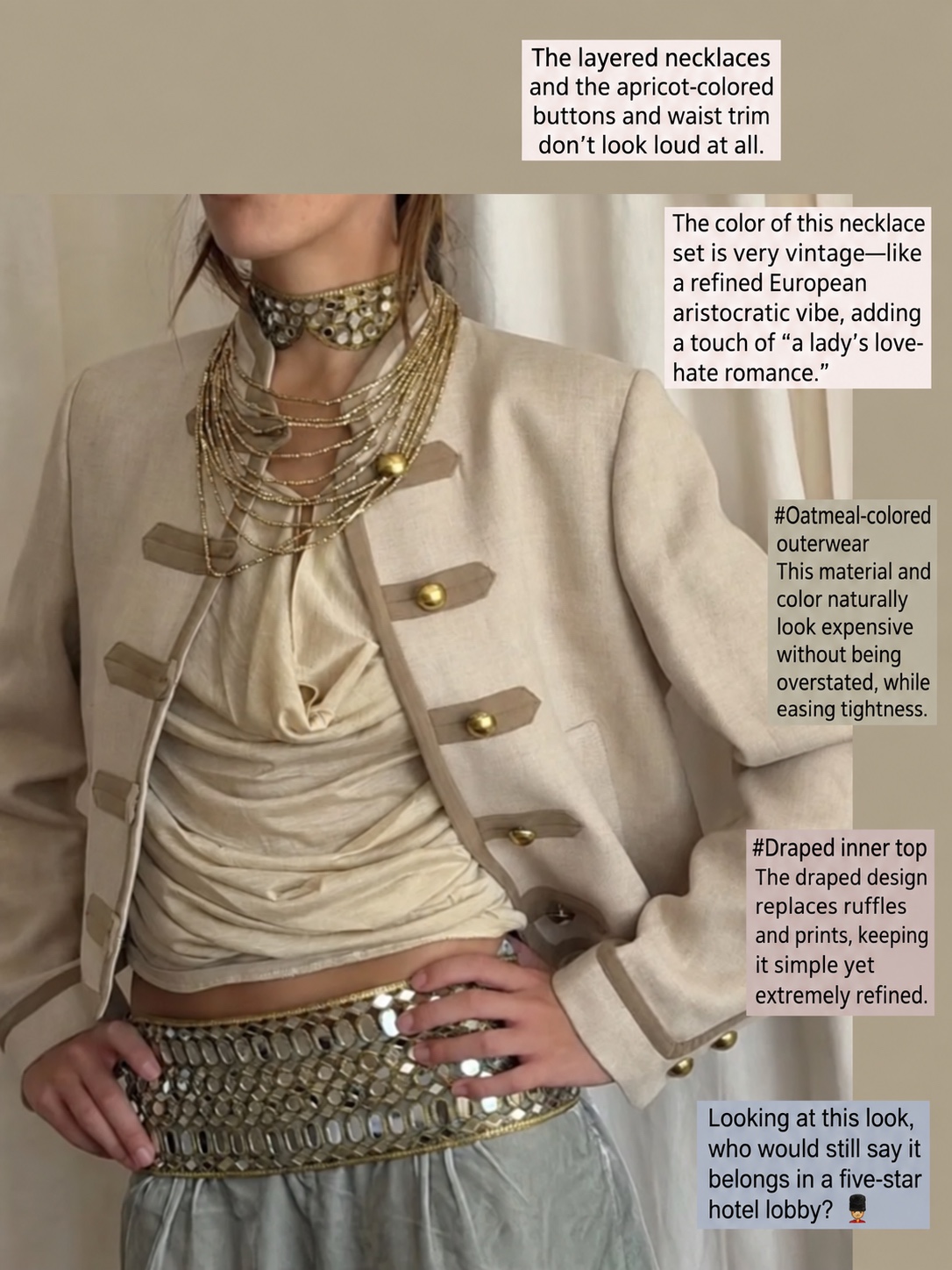 Oatmeal military-style jacket with a draped top and layered necklaces